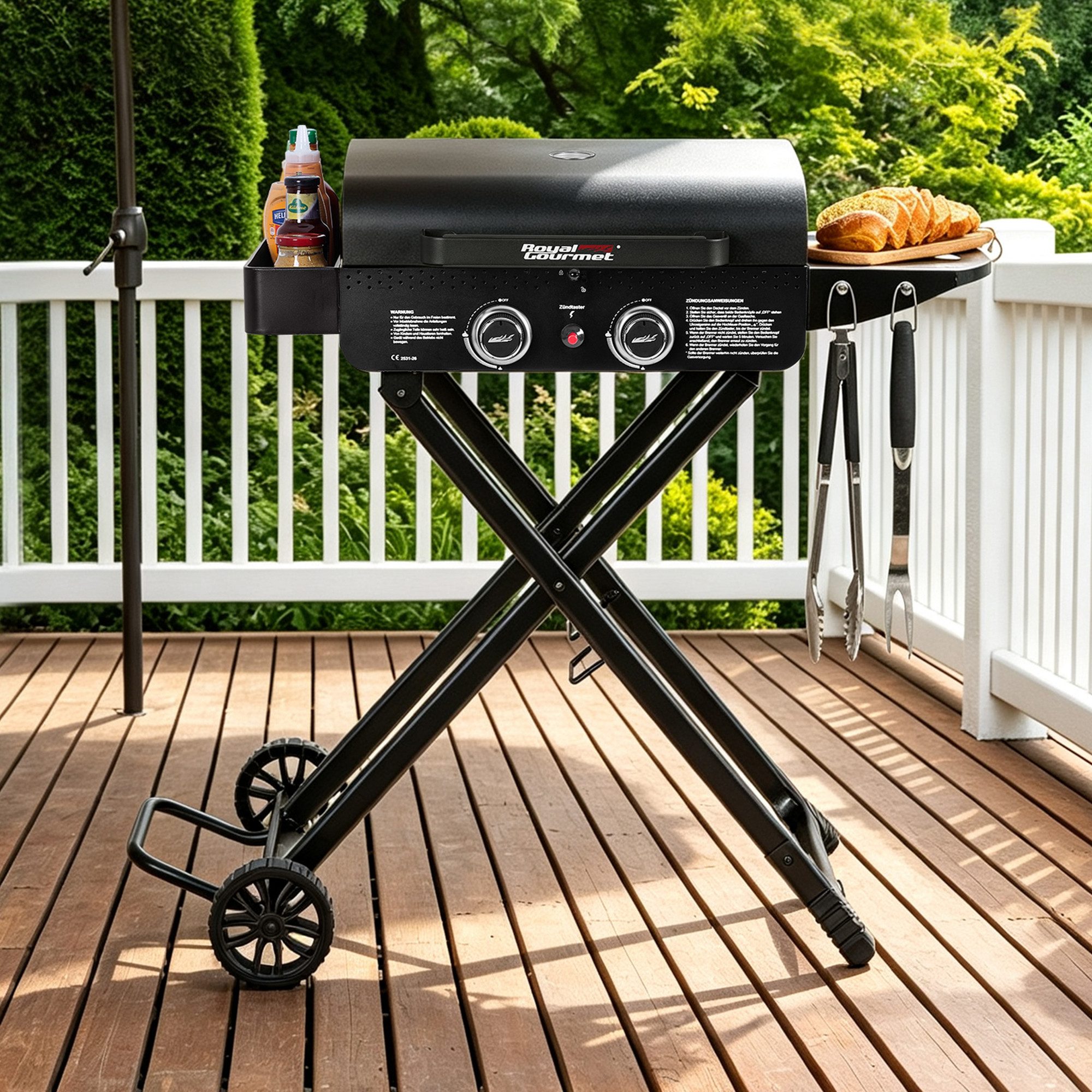 Royal Gourmet Gasgrill 2x2,5kW, 5kW, klappbarer Ständer, emaillierte Grillfläche, mobil, Klappbarer Ständer, Integriertes Thermometer