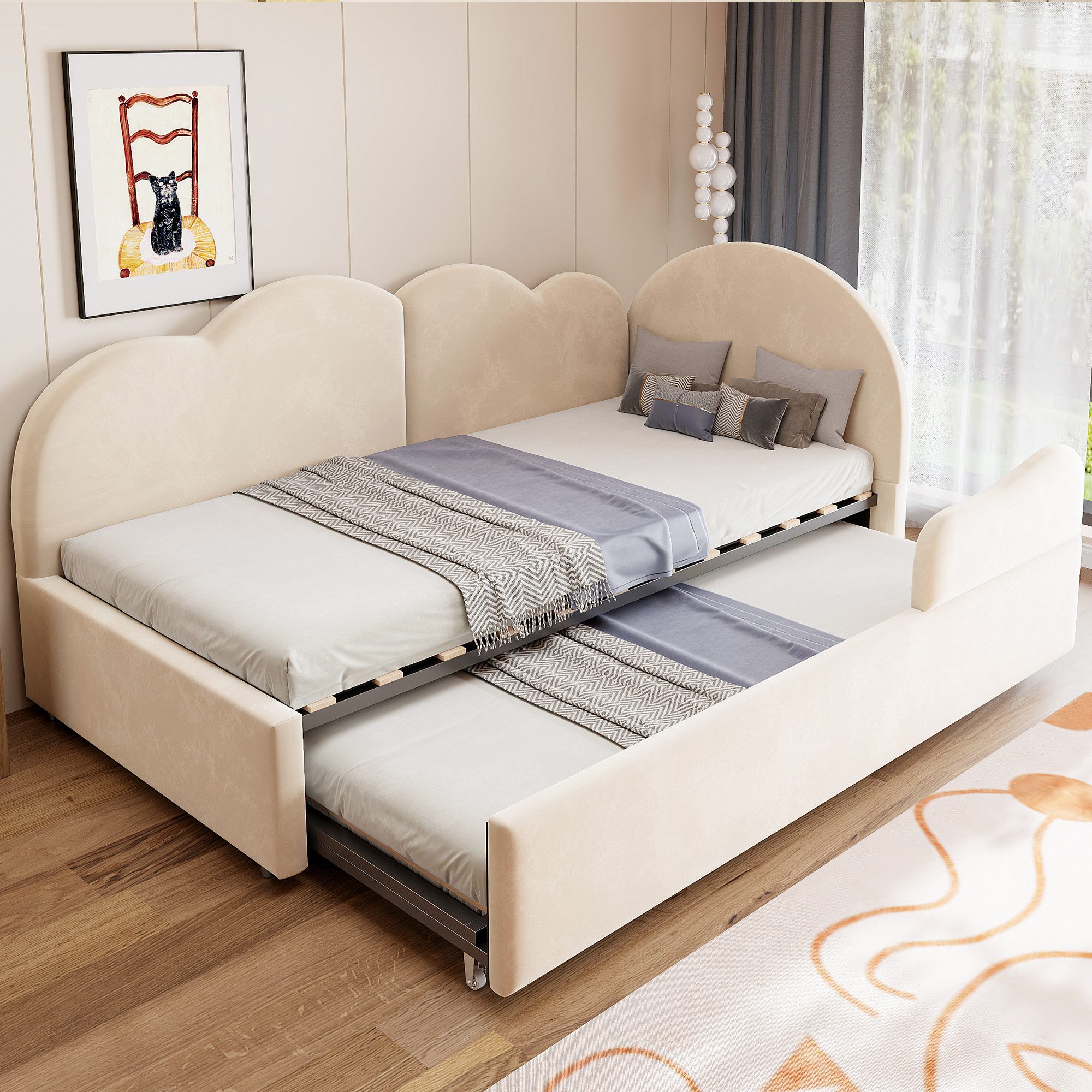 Celya Polsterbett Ausziehbares Schlafsofa in L-Form, Kopfteil in Wolkenform (ohne Matratze, Samt Polsterbett Platzsparendes Design)