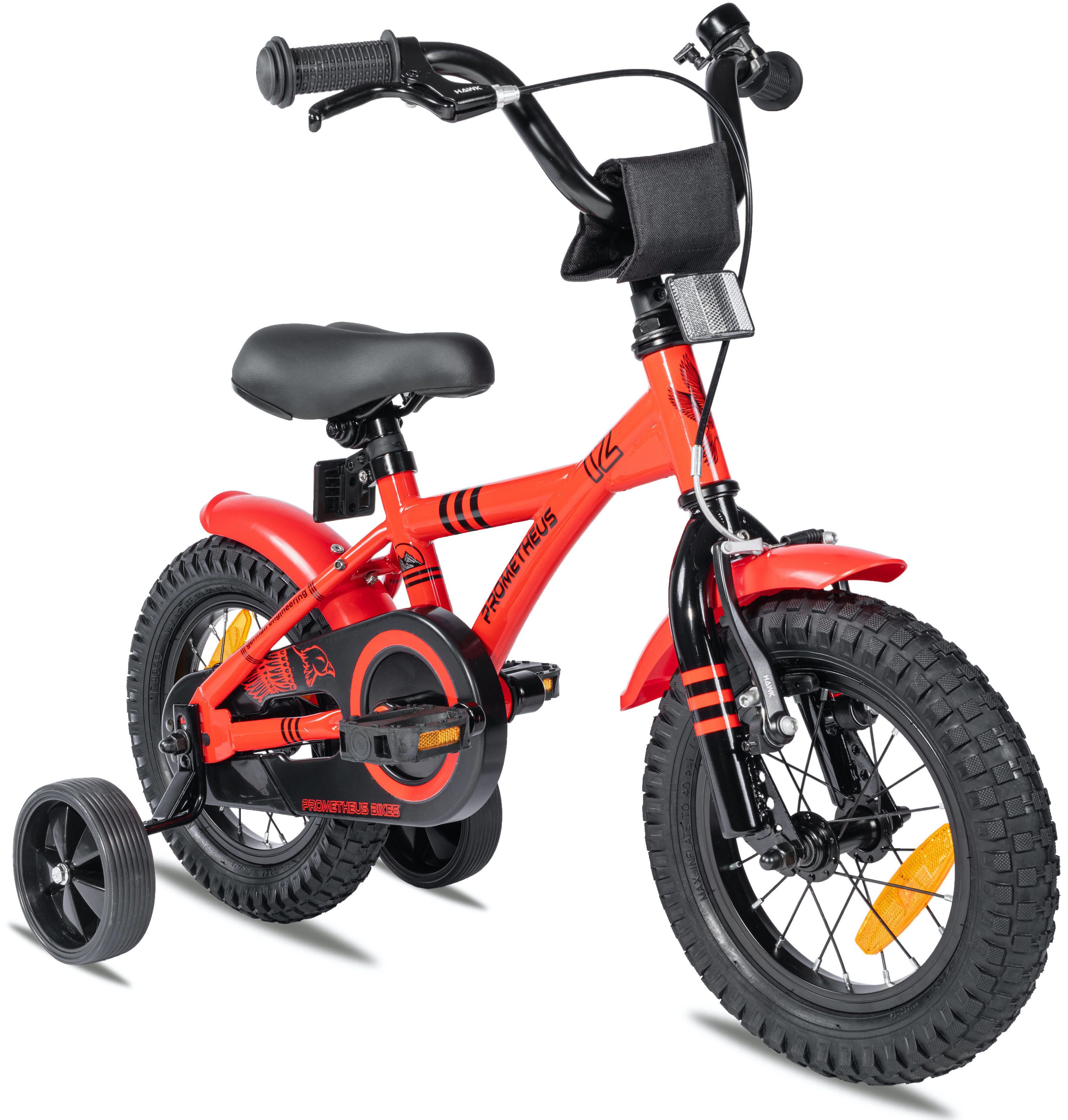 PROMETHEUS BICYCLES Kinderfahrrad HAWK 12 Zoll ab 3 Jahre, 1 Gang, Junge Mädchen Fahrrad Kinder mit Rücktrittbremse Stützräder