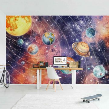 Bilderdepot24 Kindertapete Sonnensystem Aquarell Illustration Kinder Weltall bunt modern, Glatt, Matt, (Inklusive Gratis-Kleister oder selbstklebend), Mädchenzimmer Jungenzimmer Babyzimmer Bildtapete Fototapete Wandtapete