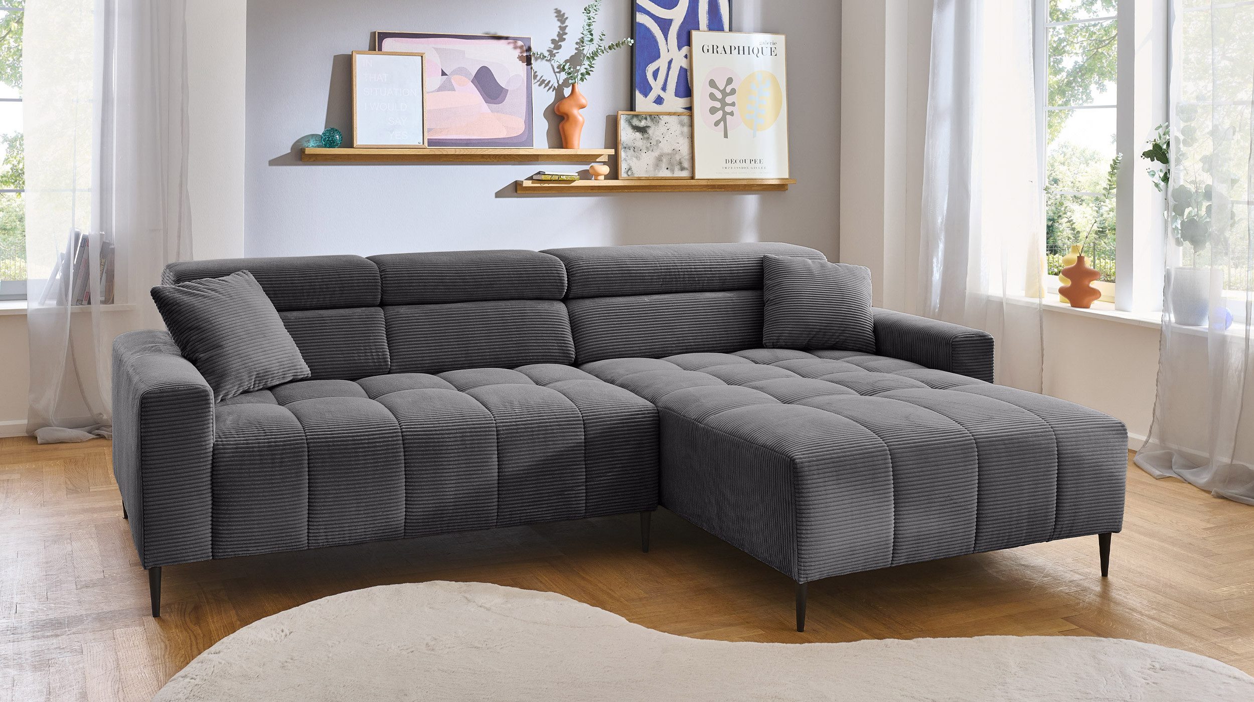 Massivart® Ecksofa Cord 256 cm / Cordsofa / Sitztiefen- & Kopfteilverstellu günstig online kaufen