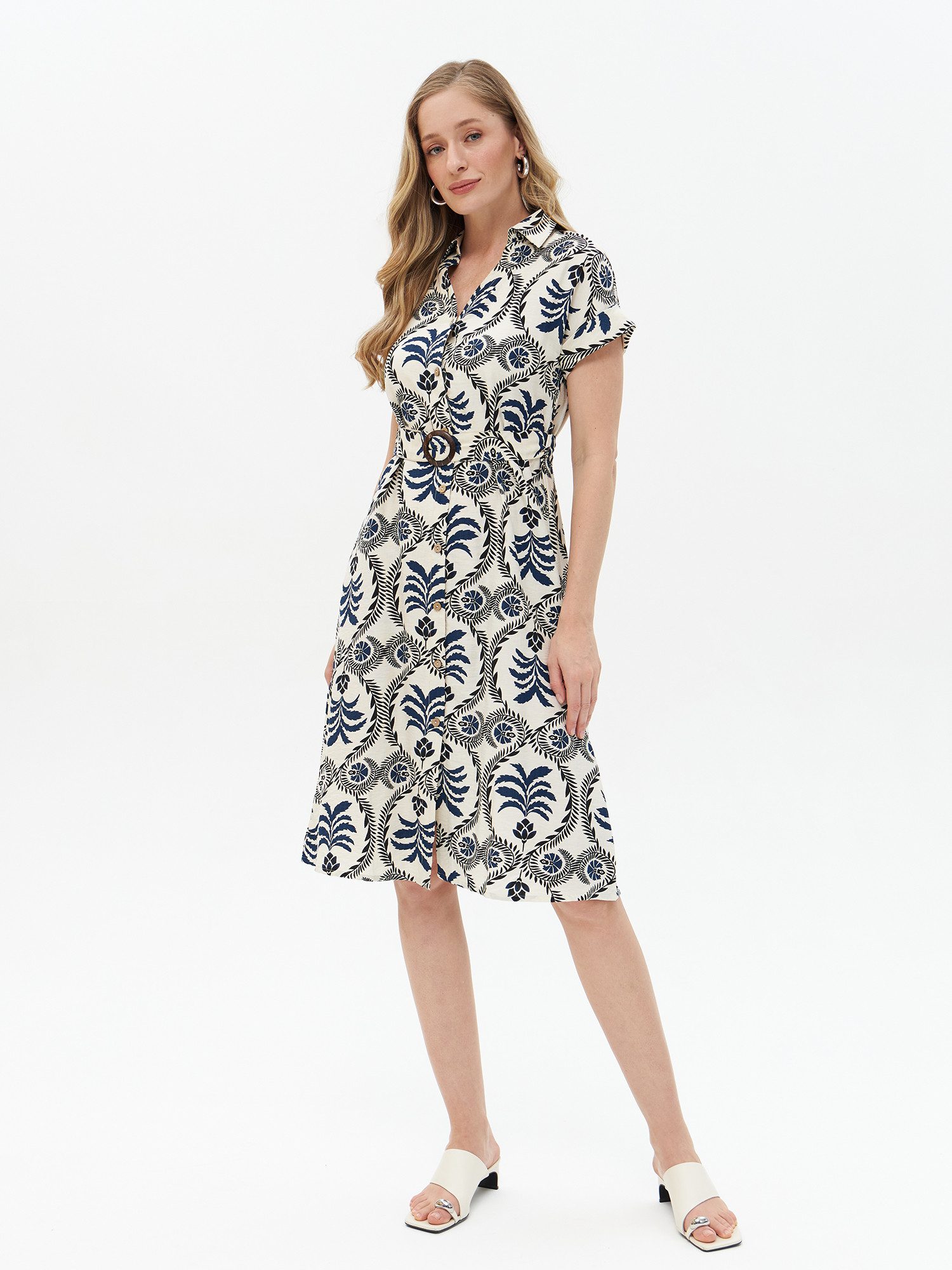 Passioni Hemdblusenkleid Sommer Midikleid mit Print Knielang mit allover Print in Ecru-Navy