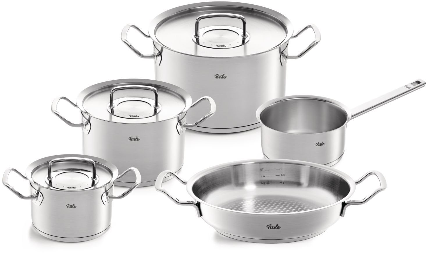 Fissler Topf-Set ORIGINAL-PROFI COLLECTION® Edelstahl-Topfset, Edelstahl 18/10 (8-tlg., je 1 Kochtopf 16/20/24 cm, Stielkasserolle 16 cm, Servierpfanne 24 cm), mit breitem Schüttrand, Kaltmetallgriffen. Made in Germany