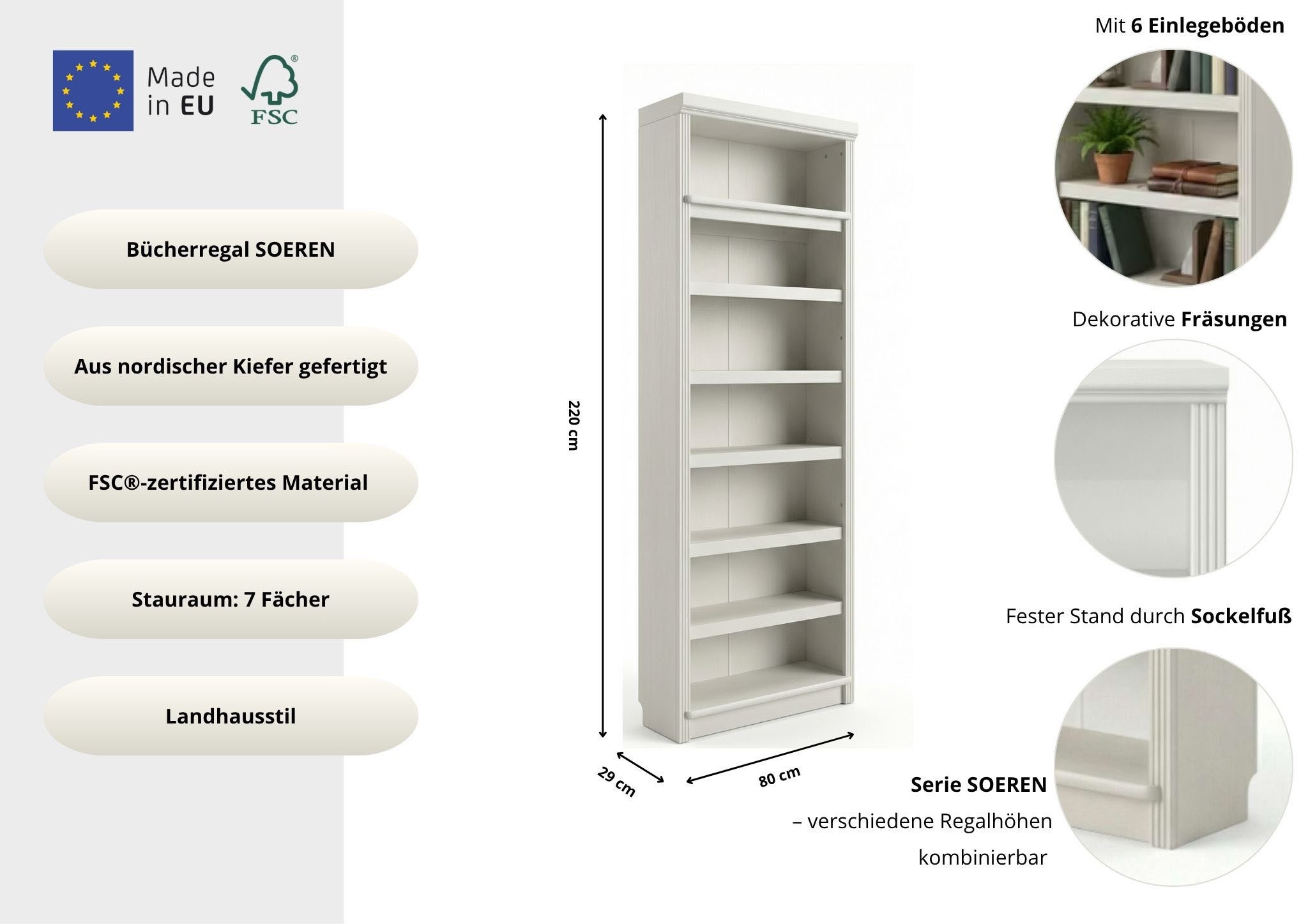 OTTO home Bücherregal Soeren Regal B/T/H: 80/29/220 cm, 7 offene Fächer, massive Kiefer, FSC®-zertifiziert