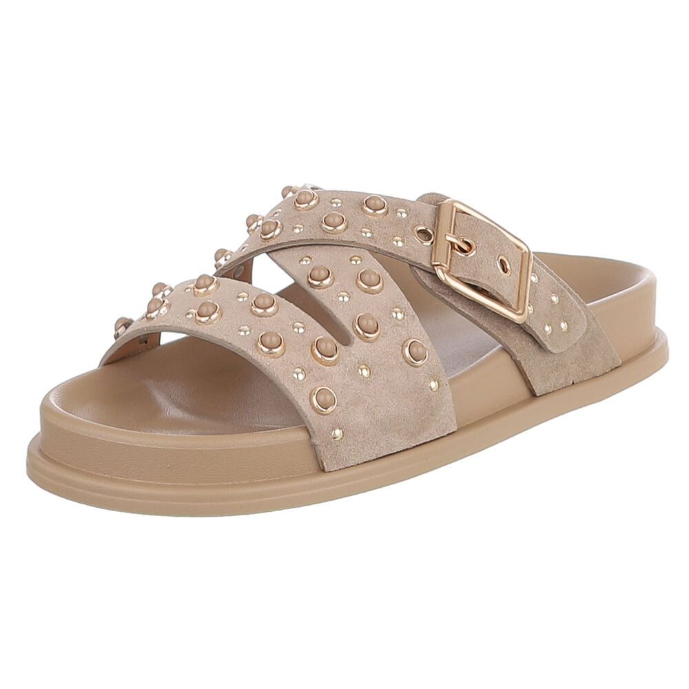 Ital-Design Damen Sandale mit Nieten und Schnallenverschluss Pantolette (91848963) Flach Pantoletten in Hellbraun