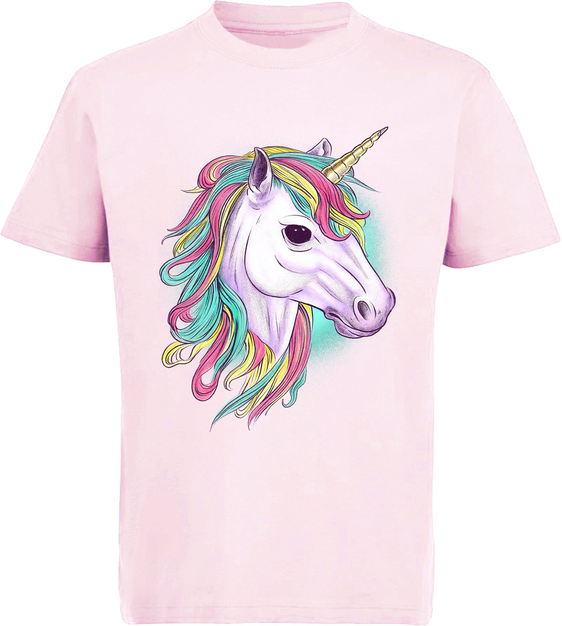 MyDesign24 Print-Shirt bedrucktes Kinder Mädchen T-Shirt - Einhorn mit bunter Mähne Kurzarm Baumwollshirt mit Aufdruck i198