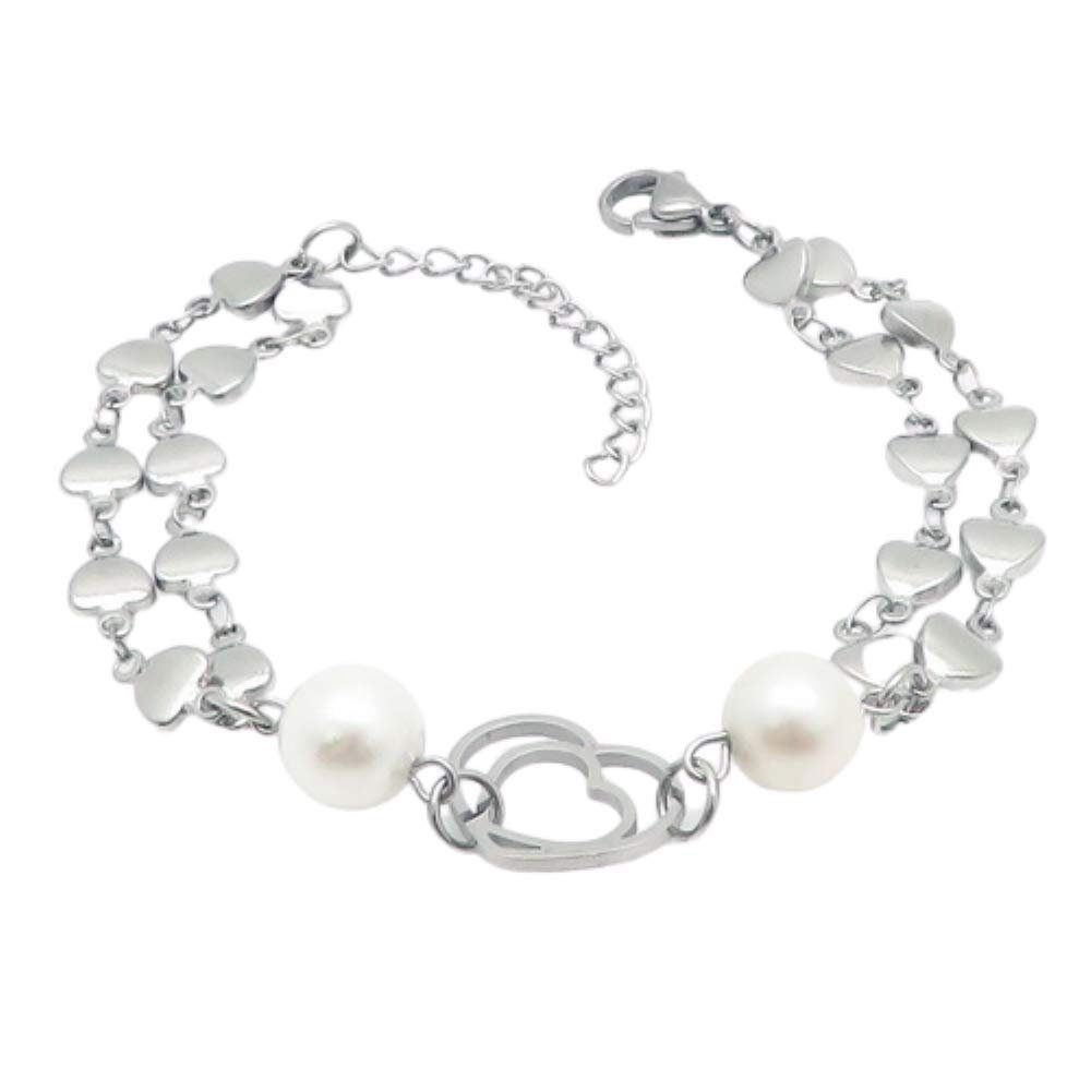 BUNGSA Armband Bettelarmband Herzen & Perlen Silber aus Edelstahl Damen (1 Armband, 1-tlg), Bracelet Armschmuck