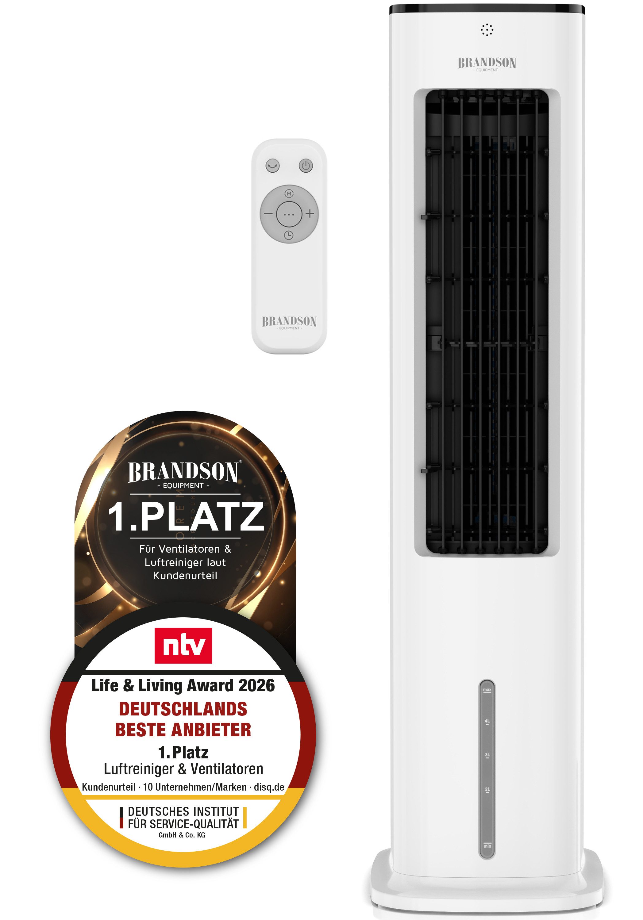 Brandson Ventilatorkombigerät Mobiler Luftkühler NTV Sieger 2026, Luftbefeuchter, Verdunstungskühler, Turmventilator, 3 Modi, Autostopp, Timer, 5L Wassertank, Lüfter
