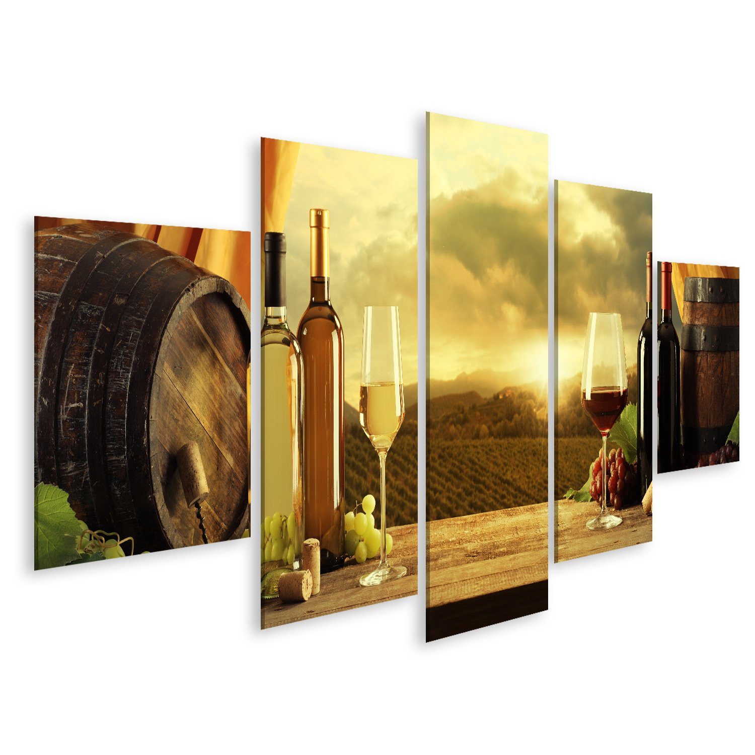 Leinwandbild Bild auf Leinwand Weinflaschen Fässer Weinberg Sonnenuntergang Wandbil