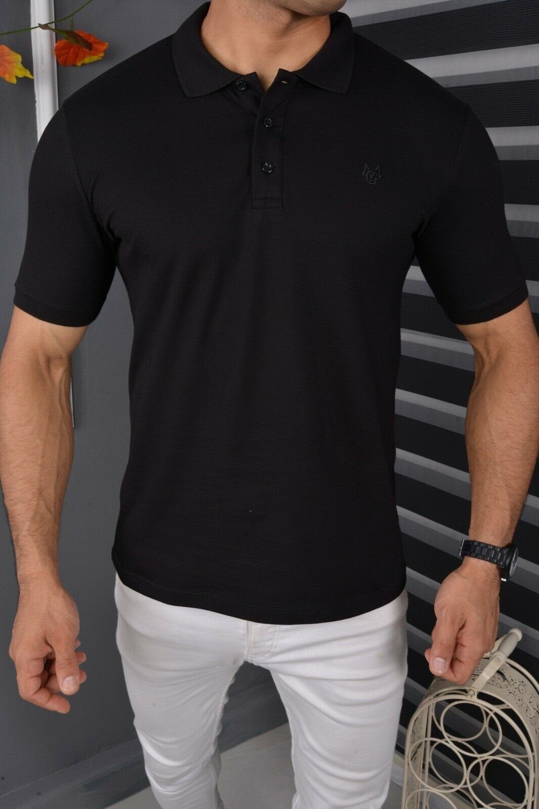 Megaman Jeans Poloshirt Poloshirt Herren Polohemd mit Kragen Kurzarm Premium T-Shirt Freizeit Slim Fit Basic Baumwolle Schwarz
