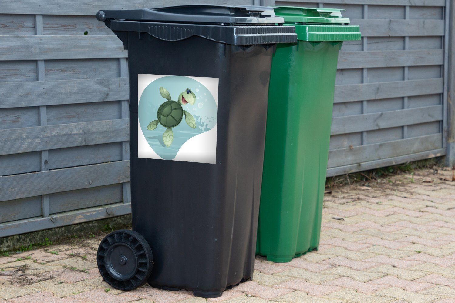 MuchoWow Wandsticker Illustration einer Container, Abfalbehälter Mülltonne, Wasser Sticker, Schildkröte (1 Mülleimer-aufkleber, grünem St), in
