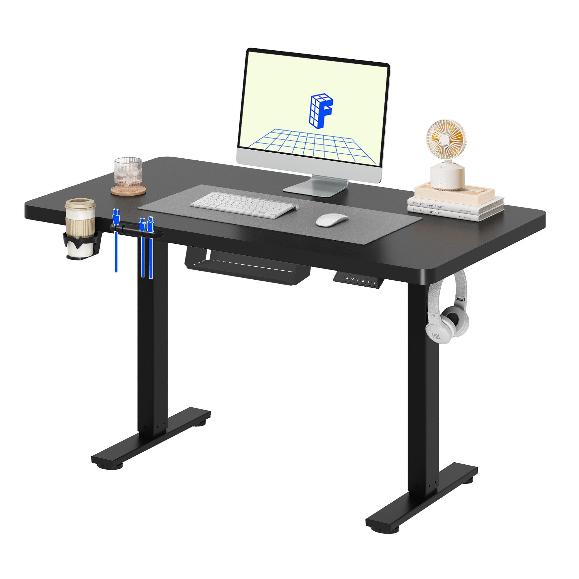 FLEXISPOT Schreibtisch Basic-Series Elektrisch höhenverstellbarer Schreibtisch (Anti-Kollisions-system, 2- Fach-Teleskop, mit Becherhalter & Kabelkanal & Haken & Aufbewahrungsbox, LED-Display), MAX. Load: 70kg, 100/110/120/140/160, MIT einteilige Tischplatte