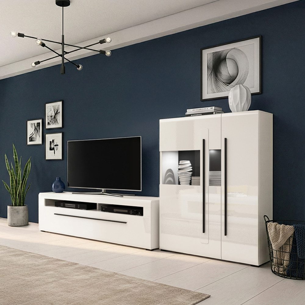 Lomadox Wohnwand TURDA-83, (3-St., Couchtisch Highboard Lowboard Sideboard Vitrine Wandregal), weiß Hochglanz modern Metallgriffe schwarz inkl. LED Beleuchtung