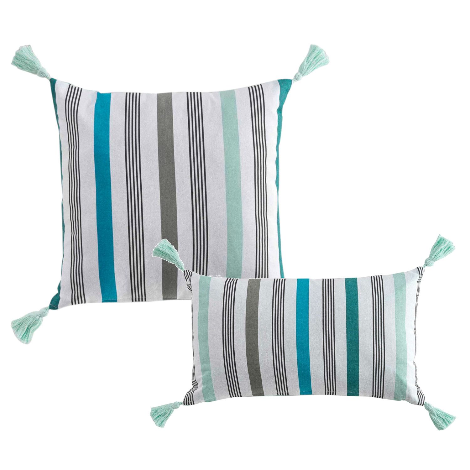 Macosa Home Dekokissen Kissen Baumwolle Weiß Blau Grün Gestreift vers. Größen, Quasten Baumwolle mit Reißverschluss inkl. Füllung