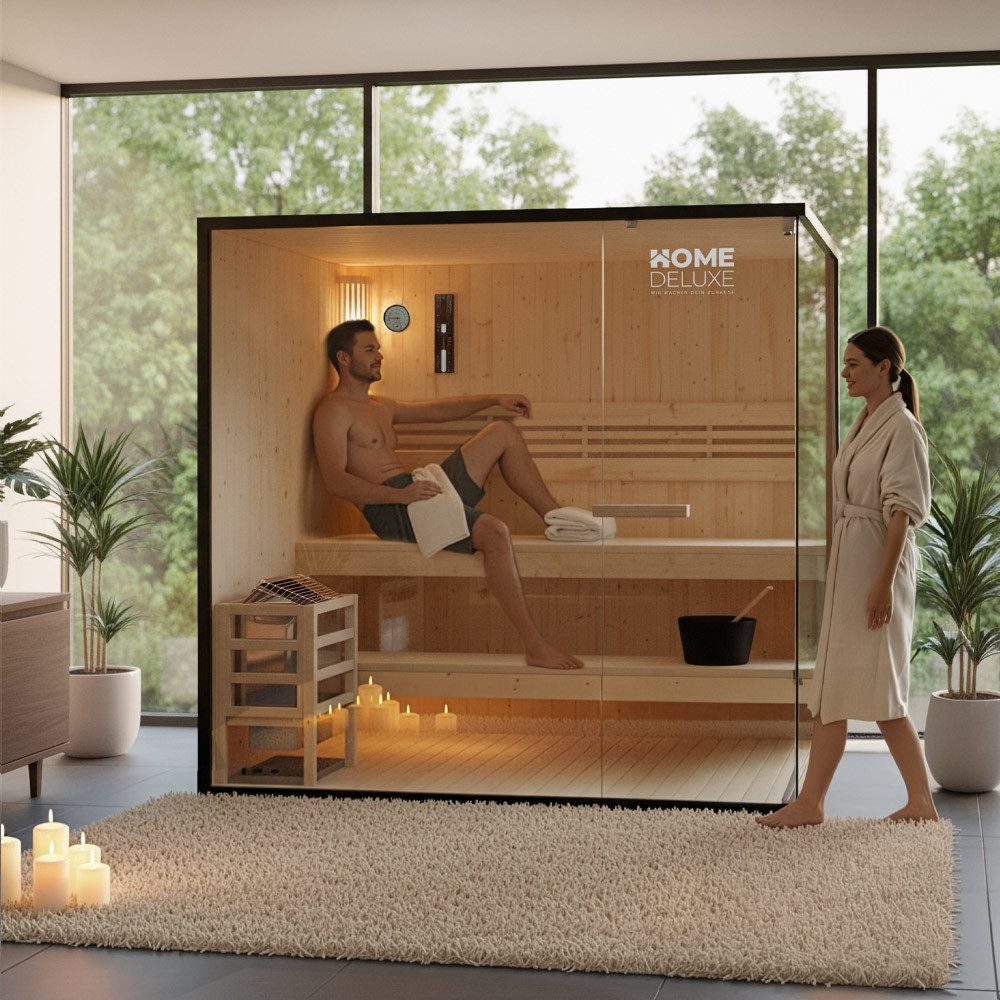 HOME DELUXE Sauna SHADOW - XL, BxTxH: 200 x 150 x 190 cm, 44 mm, (inkl. 8 kW Saunaofen, Saunasteine & komplettem Zubehör) für 5 Personen, Fichtenholz, Traditionelle Sauna
