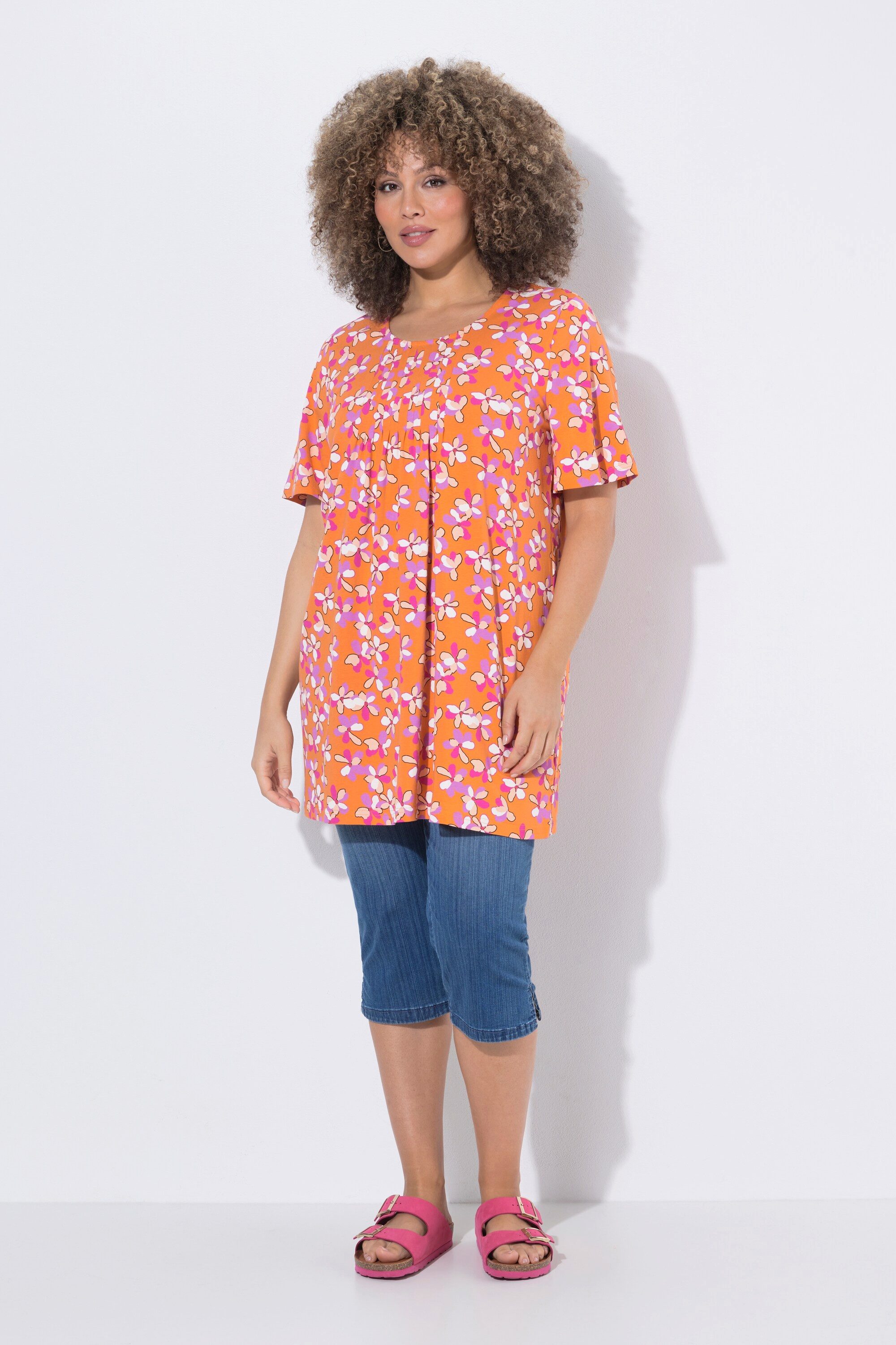 Ulla Popken Longshirt Longshirt Blüten Zierfalten A-Linie Rundhals
