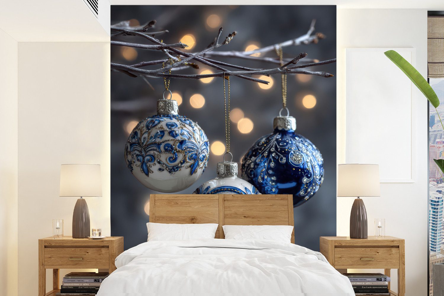 MuchoWow Fototapete Weihnachtskugel - Dekoriert - Blau, Matt, bedruckt, Wallpaper für Wohnzimmer, Schlafzimmer, Vinyl Tapete, 165x220 cm
