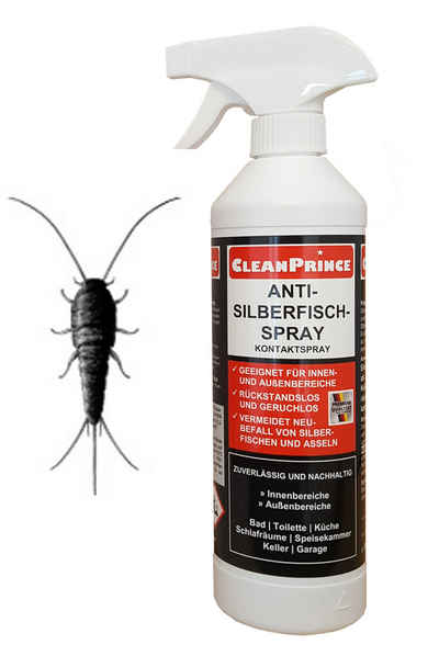 CleanPrince Insektenvernichtungsmittel Anti Silberfisch Spray, Silberfische Kellerasseln Krabbelgetiere, 500 ml, ideal im Wohnraum - geruchlos, farblos