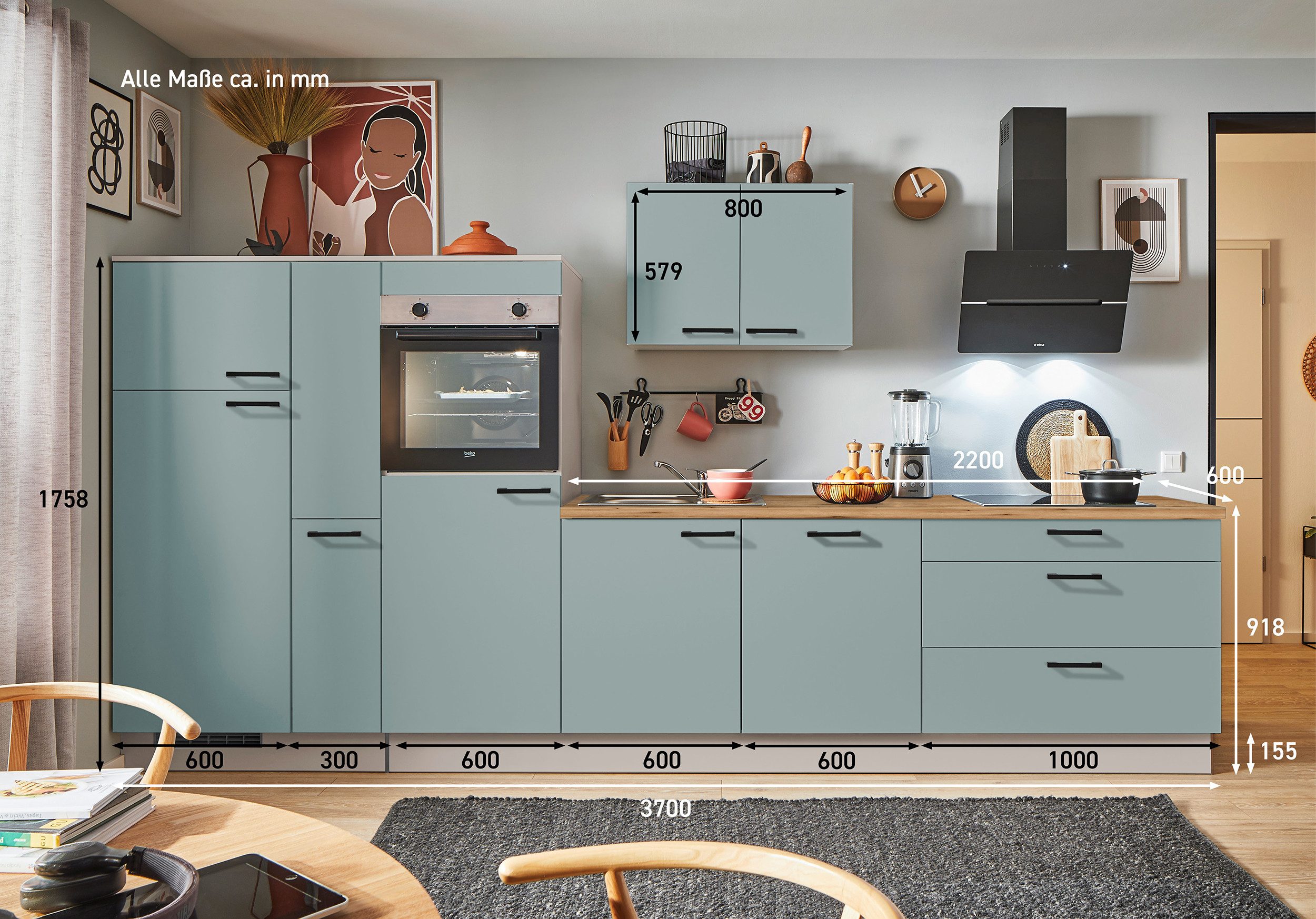 pino Küchenzeile Warde, individuell anpassbar, gratis Küchenplanung mit Profis, (Breite 370cm), vormontiert, wahlw. mit E-Geräten, Preis inkl. Lieferung & Montage
