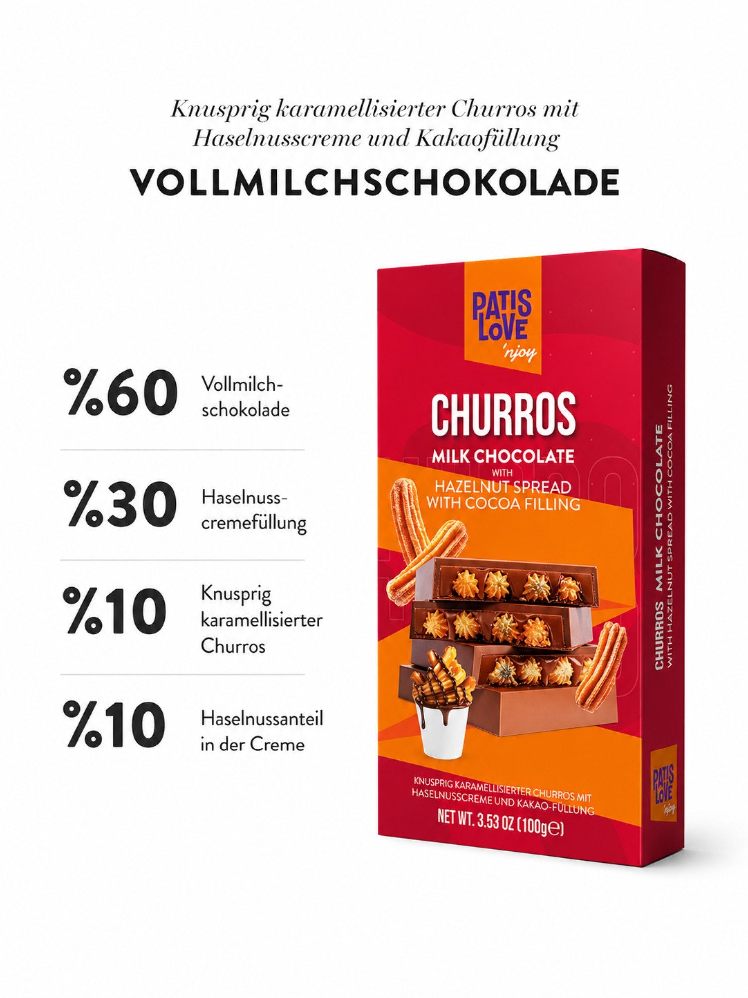 PATISLOVE Schokolade Churros Vollmilchschokolade mit Haselnusscreme 100g, ohne Konservierungsstoffe, ohne Farbstoffe, mit Haselnusscreme