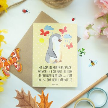 Mr. & Mrs. Panda Grußkarte Pinguin ADHS - Gelb Pastell - Geschenk, Grußkarte, Verhaltensstörung, Hochglänzende Veredelung
