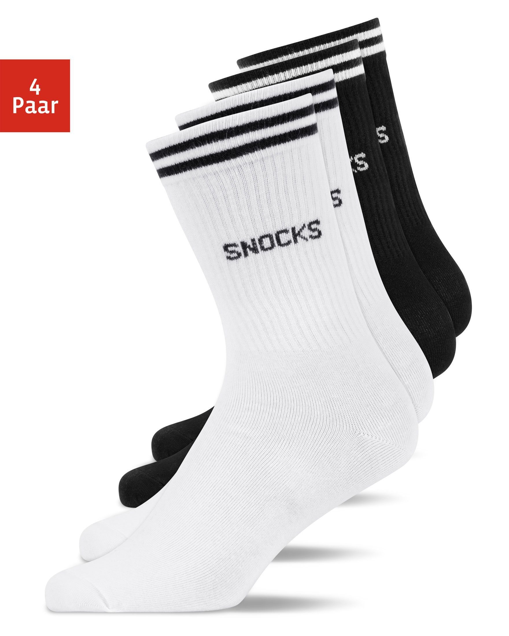 SNOCKS Sportsocken Hohe Tennissocken mit Streifen für Damen & Herren (4-Paar) aus Bio-Baumwolle, stylish für jedes Outfit Schwarz-Weiß