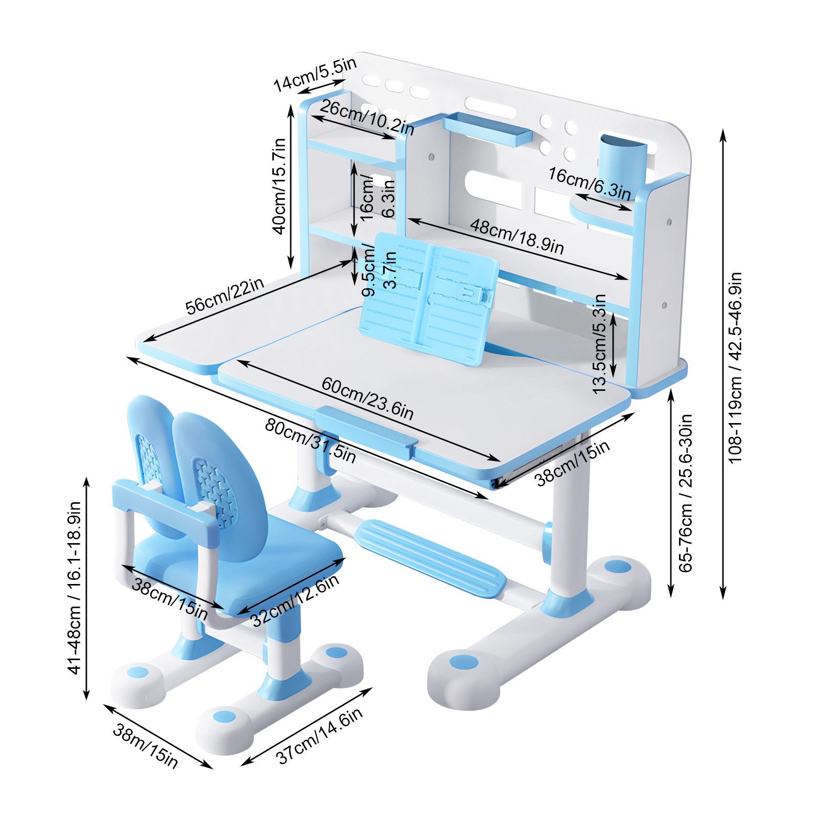 Rutaqian Kinderschreibtisch Kinder-Schreibtisch- und Stuhl-Set,Höhenverstellbar mit Sitzkorrektur (Multifunktionsschreibtisch mit Leseständer,Schublade,Rucksackhaken, 1-St., Ergonomischer Schreibtisch-Stuhl Set,Zonenförmig gestalteter Stauraum), Verstellbarer Schreibplatte, Kinder Schreibtisch für Jungs & Mädchen