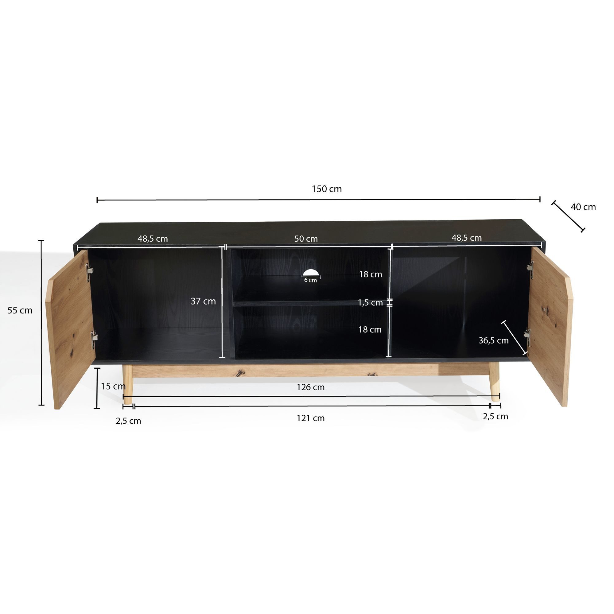 FINEBUY Lowboard FB100037 TV Schrank 150 cm Fernsehkommode Fernsehschrank Schwarz Eiche (Schwarz Eiche-Dekor, 150x55x40 cm, zwei Türen), TV-Schrank Modern Fernsehtisch, TV-Kommode Hoch