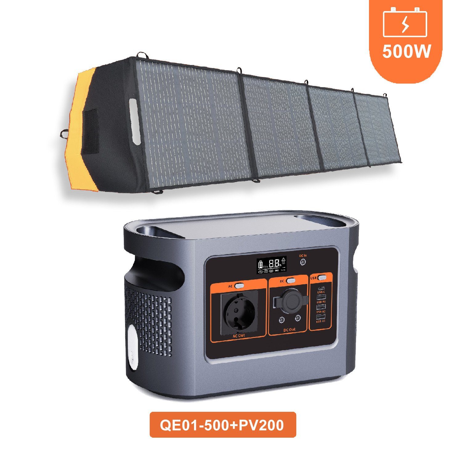 Power 1,20 2-tlg., QE01-500Wh/1008Wh Stromerzeuger Mit (Set, Fine panel Bequem PV200, leicht,Ausgangsleistung,500Wh/1008Wh Solar in und kW, Generator), Life Station Notfall-Solar Pro