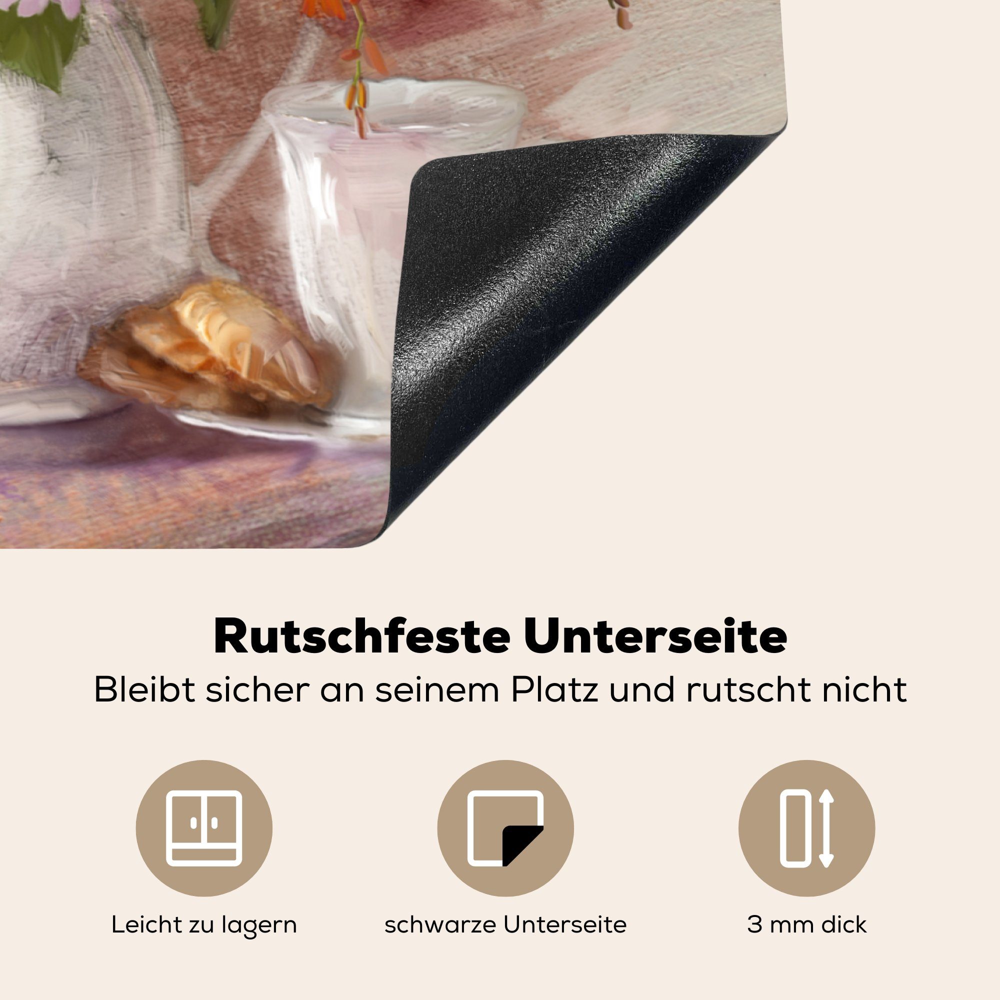 nutzbar, Ceranfeldabdeckung (1 Gemälde Mobile - - 70x52 Arbeitsfläche Blumen MuchoWow cm, Ölfarbe, Vase - Vinyl, Herdblende-/Abdeckplatte tlg),