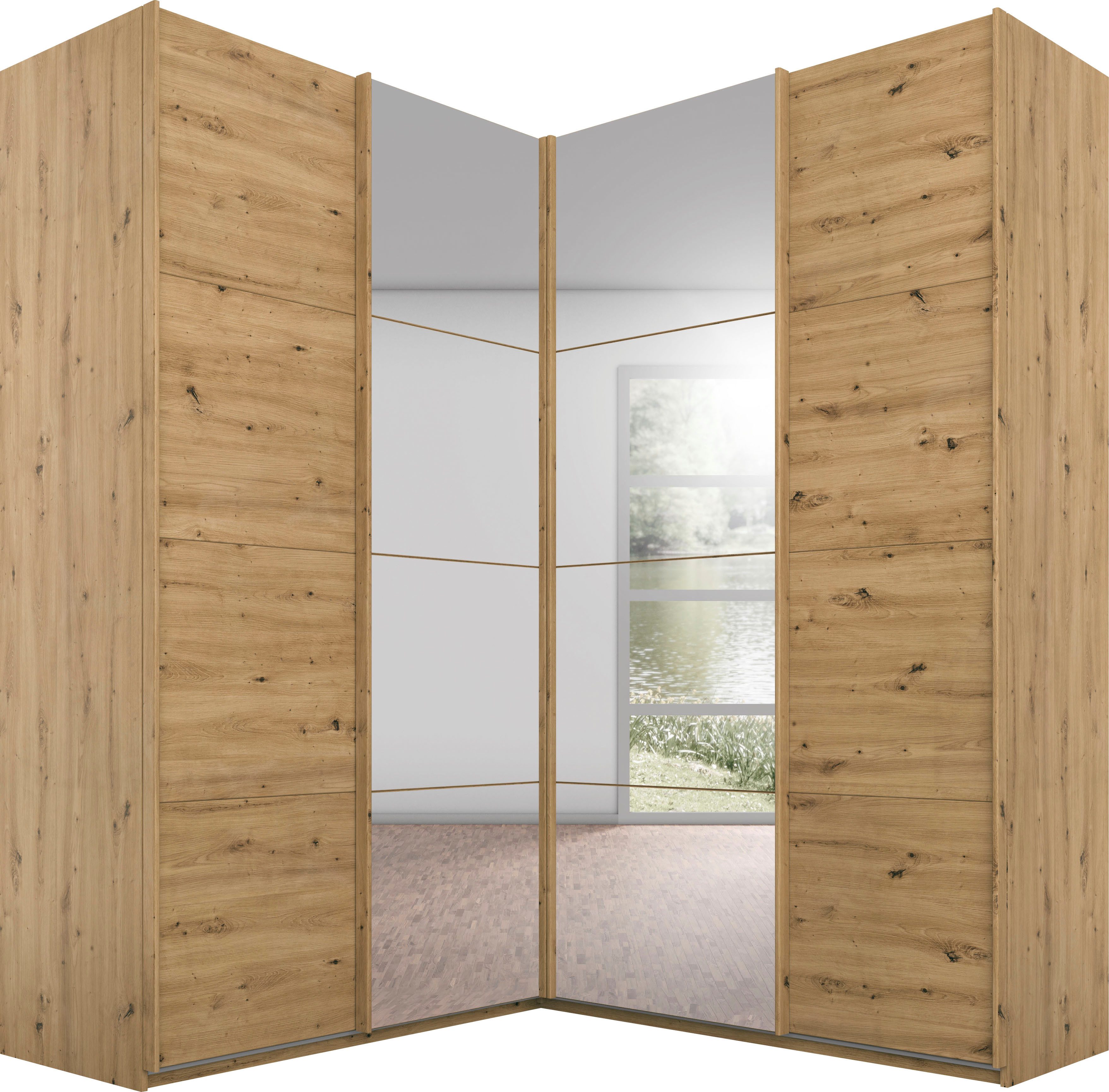 rauch Schwebetürenschrank Schrank Garderobe Eckkleiderschrank QUADRA Front in Dekor/Hochglanz (in den Höhen 210/229 cm, inkl. Soft-Close-Funktion) großer Eckschrank mit viel Stauraum, Maß 181x187 cm MADE IN GERMANY