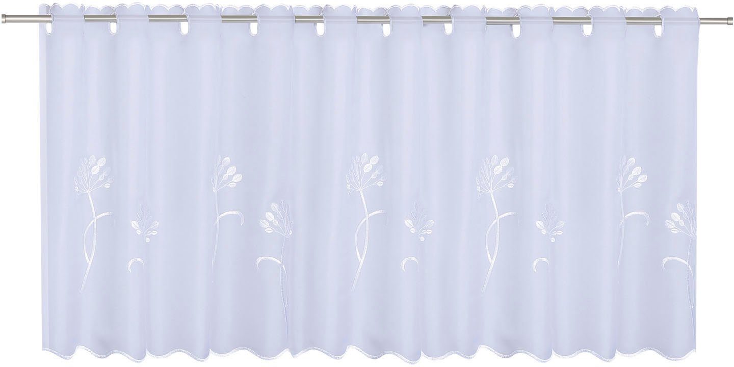Scheibengardine Sarina, Gerster, Durchzuglöcher (1 50x150, mit HxB: Blumendesign gestickten transparent, St)