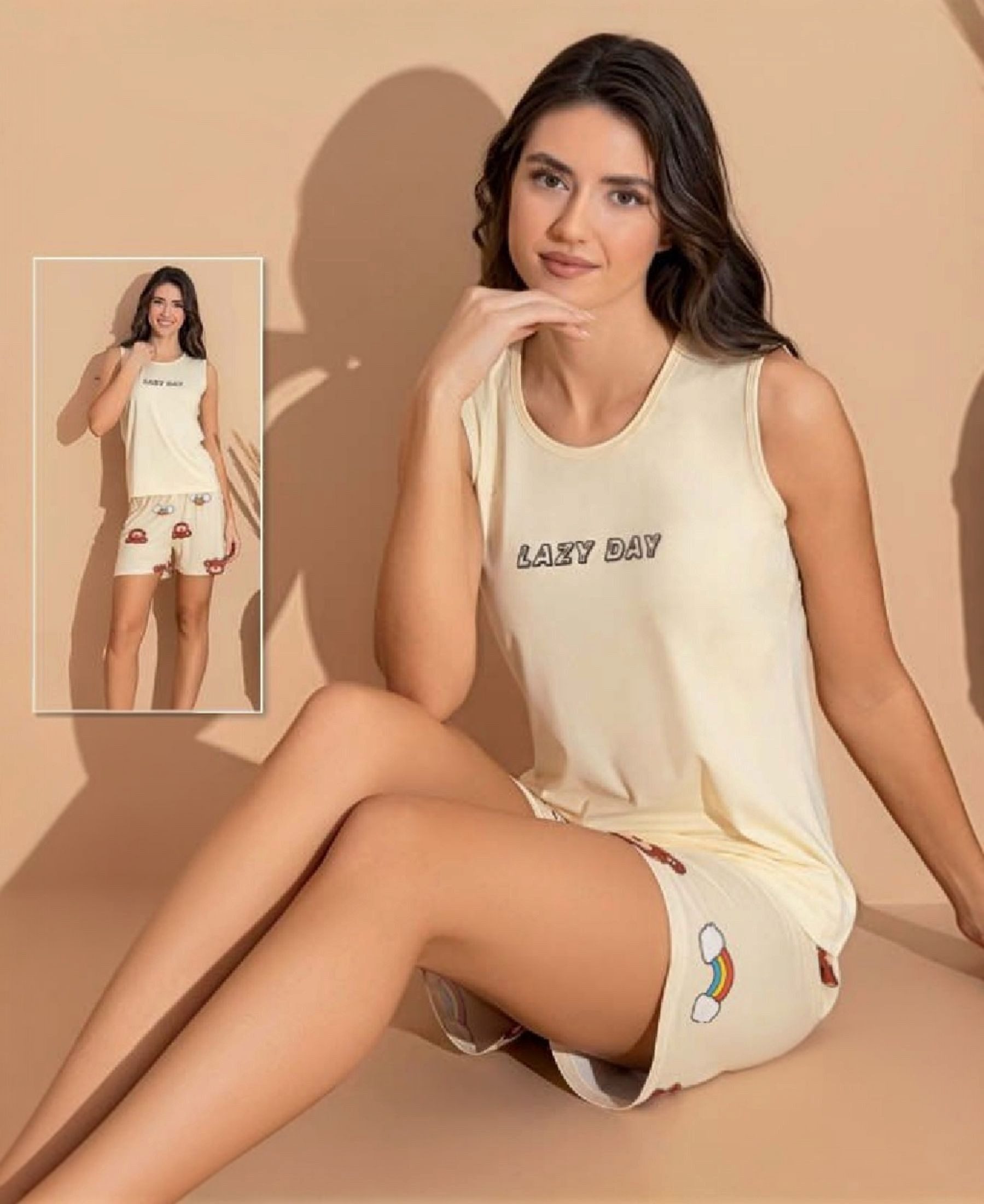 fashionshowcase Pyjama Damen Hausanzug – Sommerlicher Schlafanzug Shorts & Shirt, 4 Designs (2 tlg., 2-teiliges Set) Print auf dem Oberteil, verschiedene Muster – Bild 2 von 2