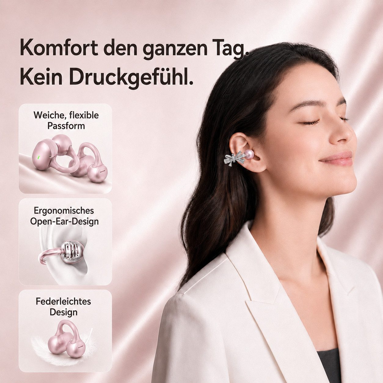 Futicare Bluetooth 6.0 Clip-On-Kopfhörer mit abnehmbarem Deko-Element, Open-Ear-Kopfhörer (kabellose Earbuds mit 60 Std.IPX5, KI-Mikrofon, Geschenkidee für sie)
