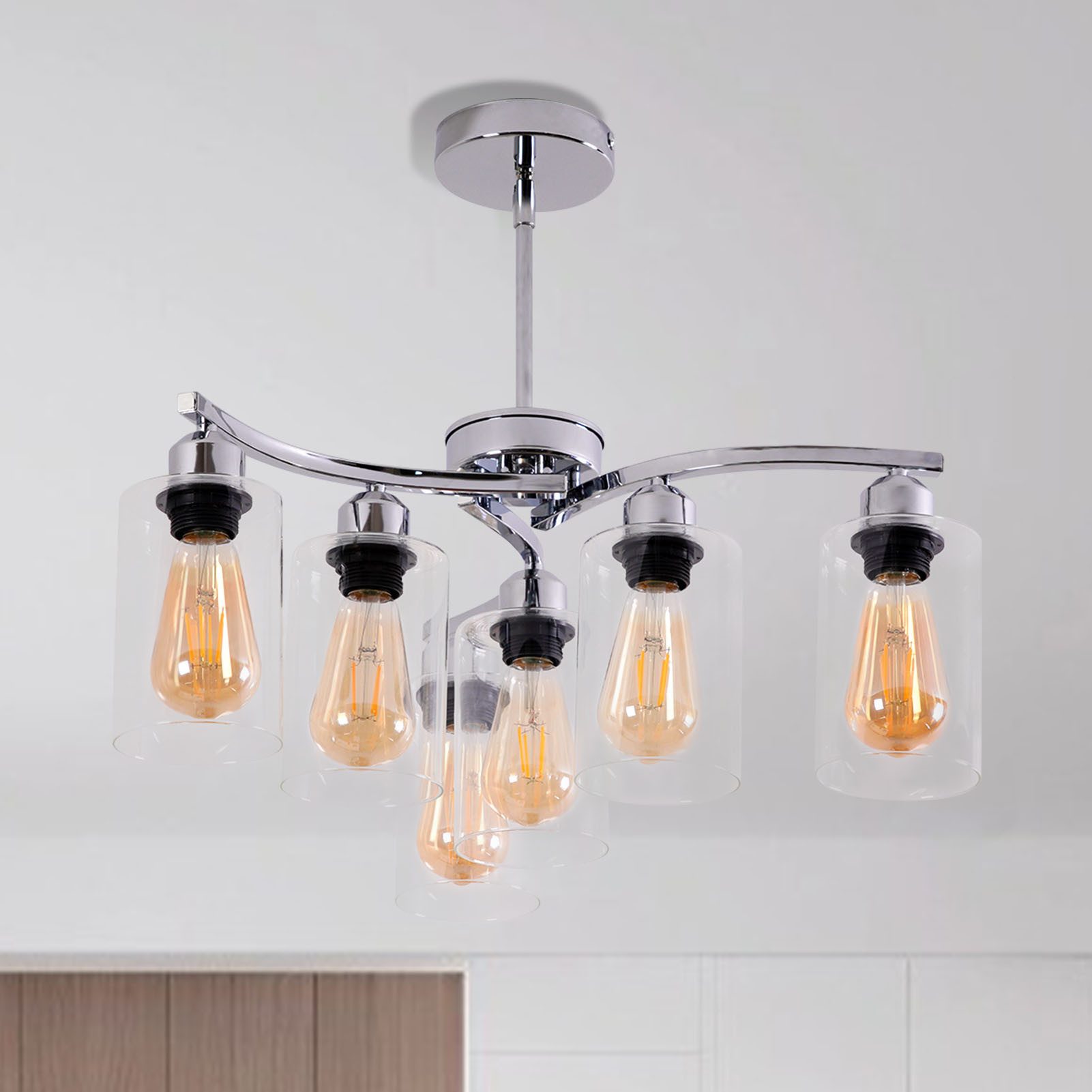 POPOLIC Pendelleuchte Deckenleuchte 20" 6-flammige große Pendelleuchte, mit klarem Glasschirm, moderne Pendelleuchte im Bauernhausstil, für Esszimmer, Wohnzimmer und Küche