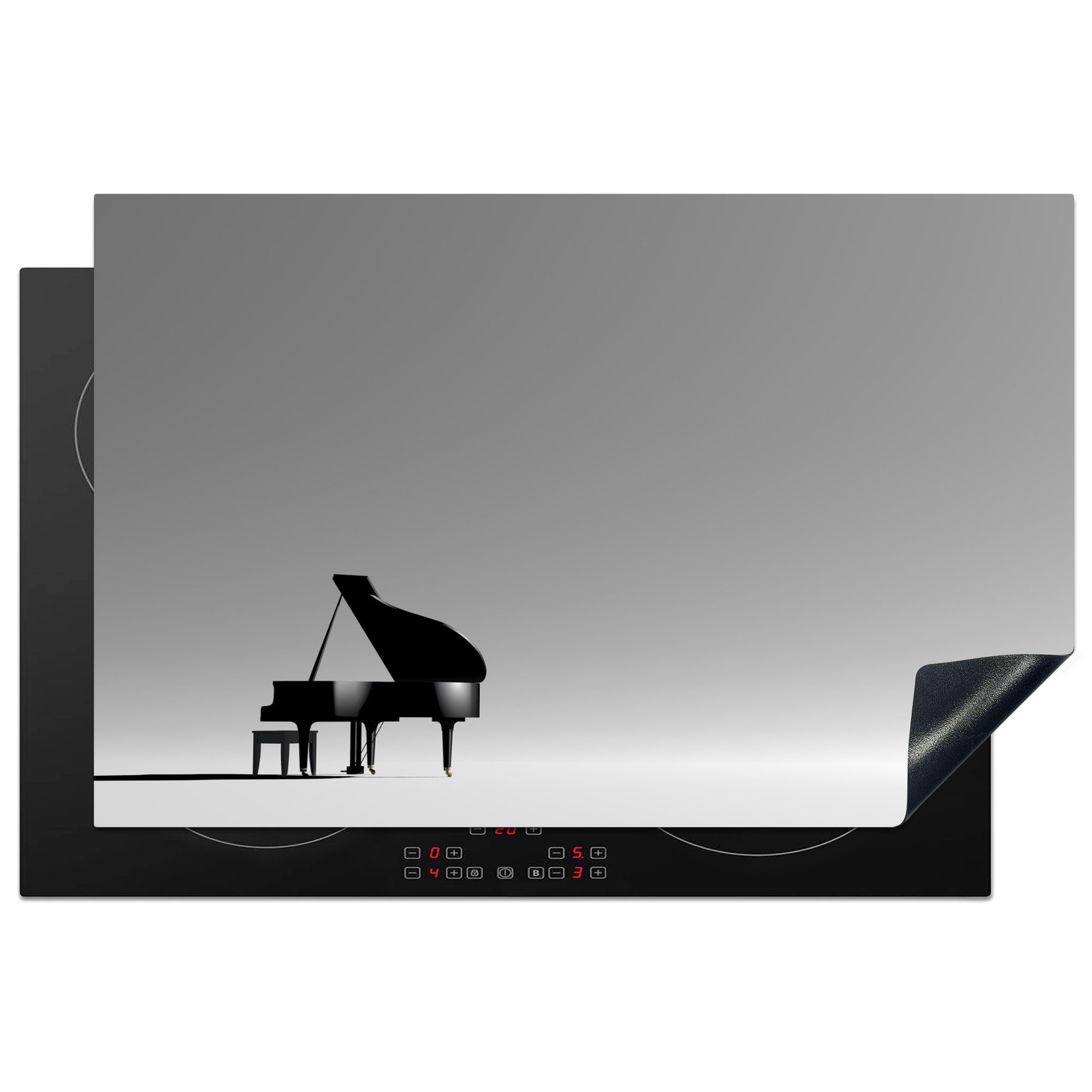 MuchoWow Herdblende-/Abdeckplatte Ein Klavier in einem grauen Raum, Vinyl, (1 tlg), 81x52 cm, Induktionskochfeld Schutz für die küche, Ceranfeldabdeckung