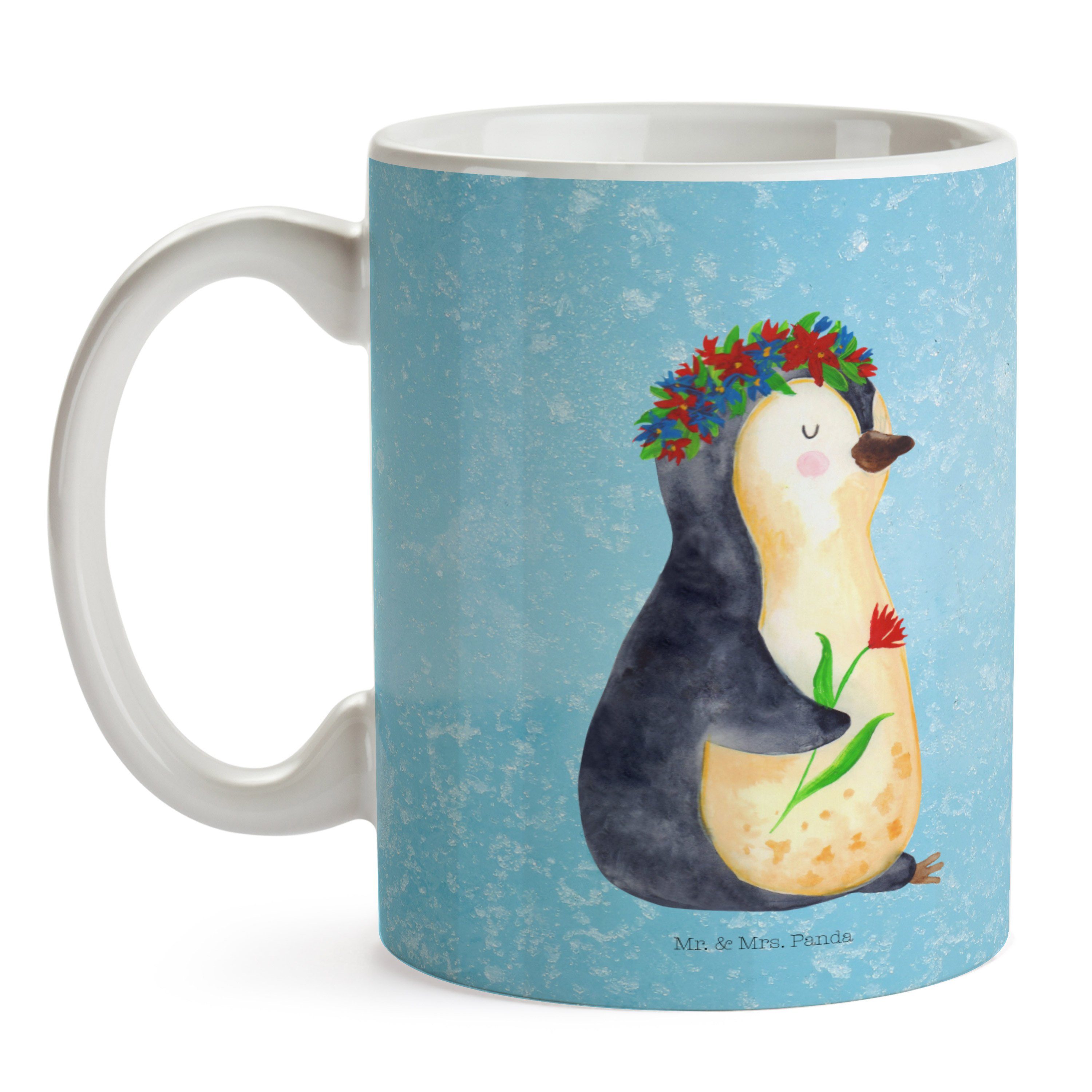 Tasse Mr. - - Eisblau & Geschenkide, Geschenk Pinguin Geschenk, Keramik Mrs. Panda Tasse, Blumenkranz