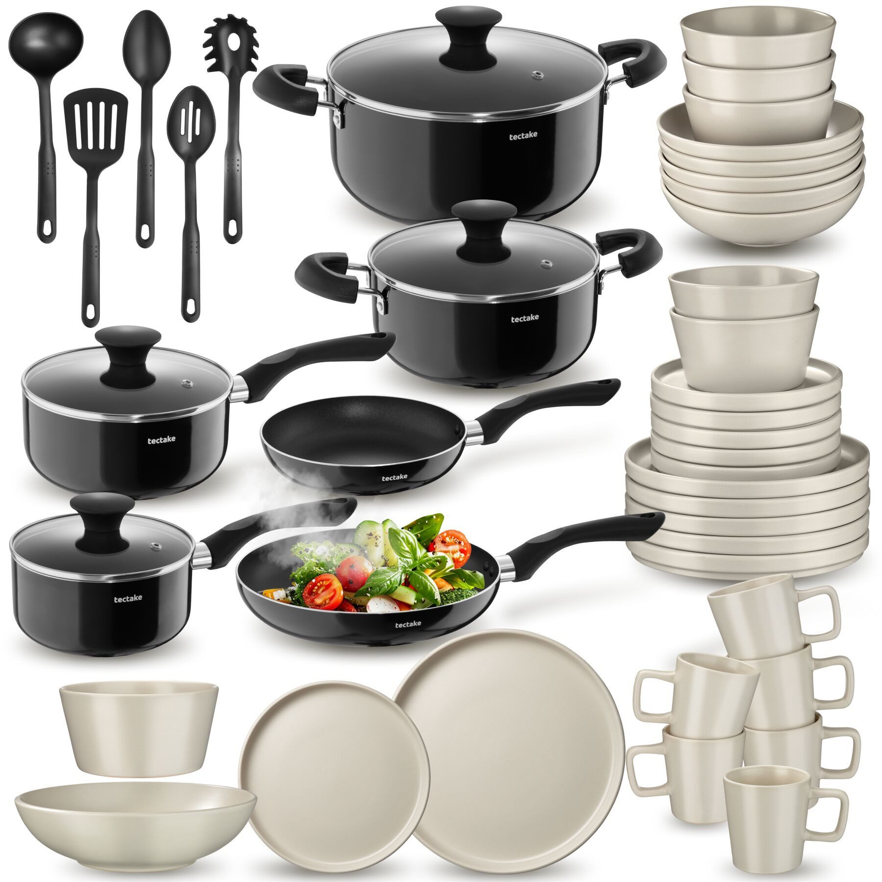 tectake Kochbesteck-Set Küchen Komplettset mit Steingut Geschirr, Alu-Töpfen, Pfannen (Una/Varese - für Induktionsherde geeignet, 45-tlg., in Schwarz/taupe), hitzebeständig, kratzfest, leichte Reinigung, Inkl. Küchenwerkzeuge