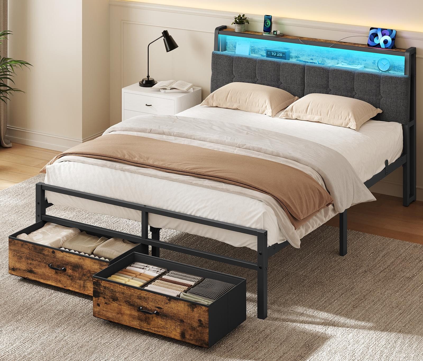 VASAGLE Polsterbett mit Kopfteil, Bett mit Stauraum und LED Beleuchtung, Steckdosen, Metallbett, 140 x 200 cm, mit 2 Schublade und gepolstertem Kopfteil
