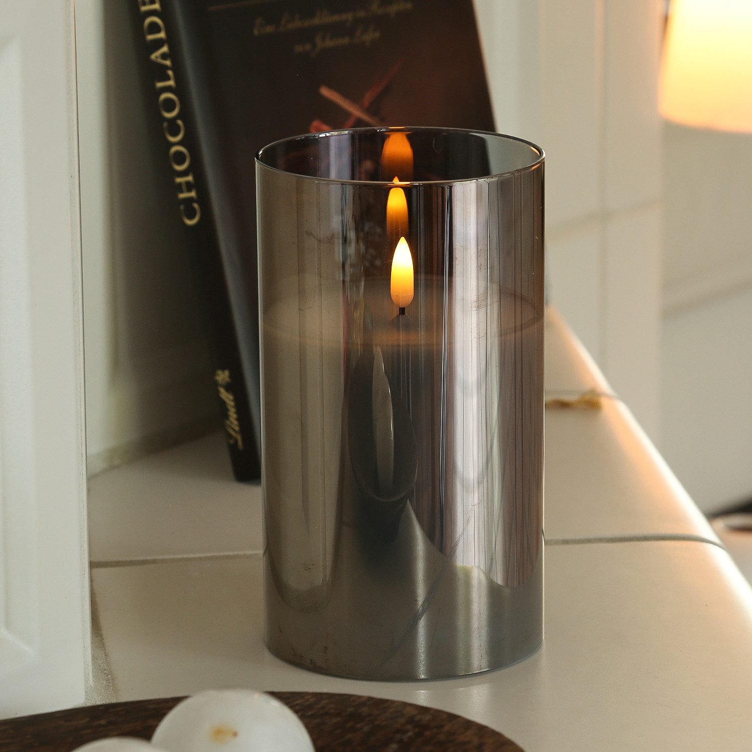 MARELIDA LED-Kerze LED Kerze im Glas Windlicht Echtwachs Timer H: 17,5cm D: 10cm grau, LED Classic, warmweiß (2100K bis 3000K)