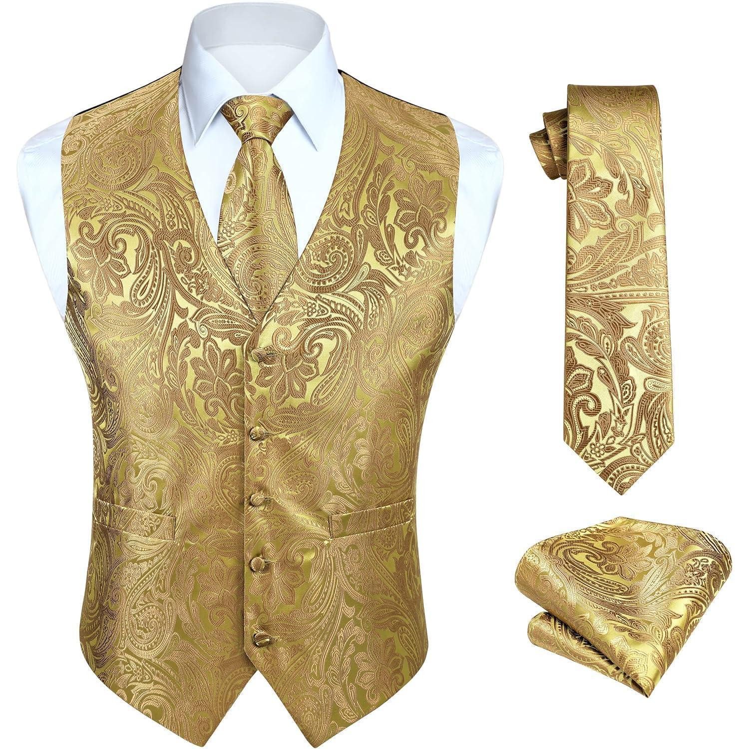 LuxusKollektion Anzugweste Weste Herren Hochzeit Floral Krawatte Einstecktuch 4XL Gelb