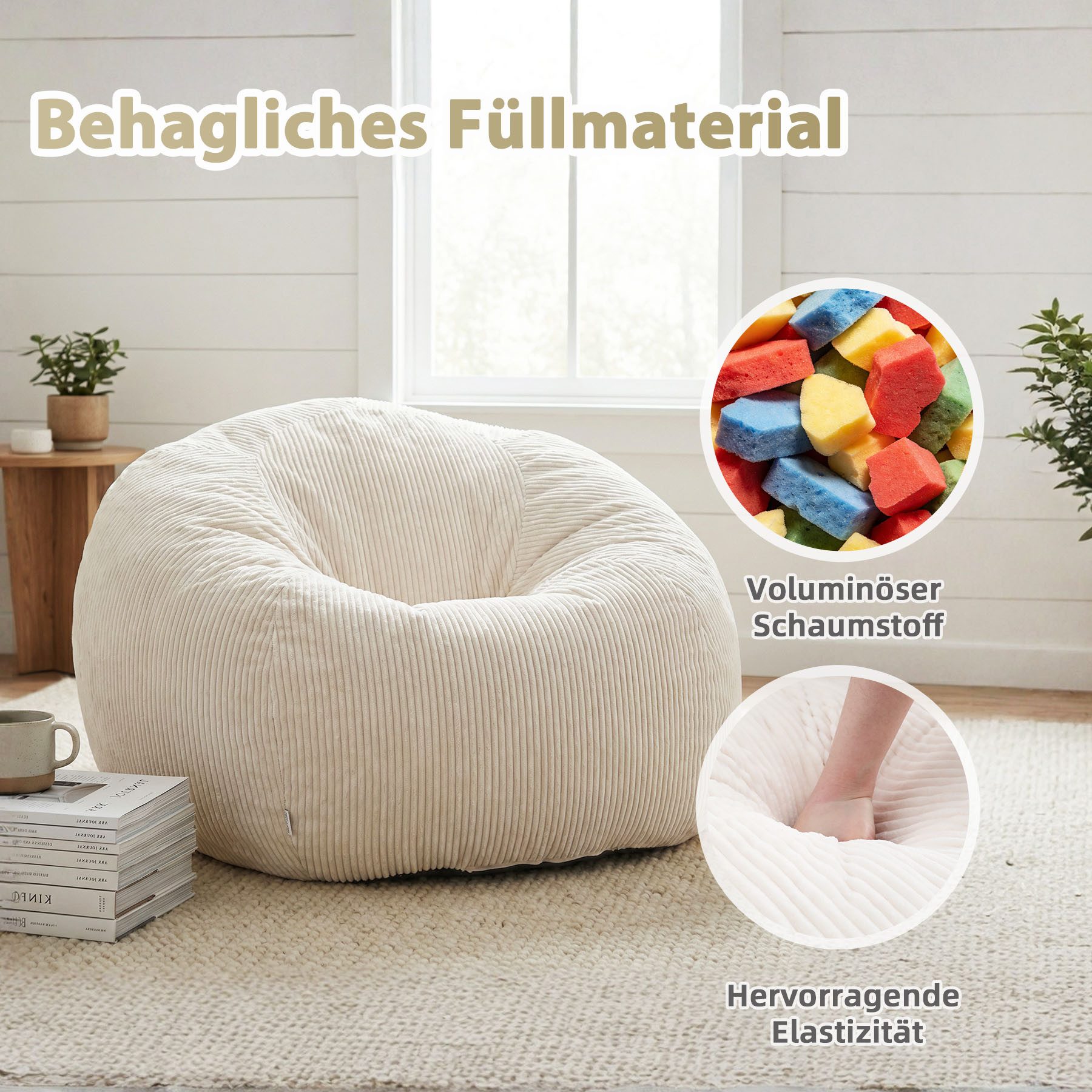 HomeMiYN Sitzsack Rund Sitzsack XXL aus Cord weiches Sofa für Wohnzimmer – Bild 5 von 5