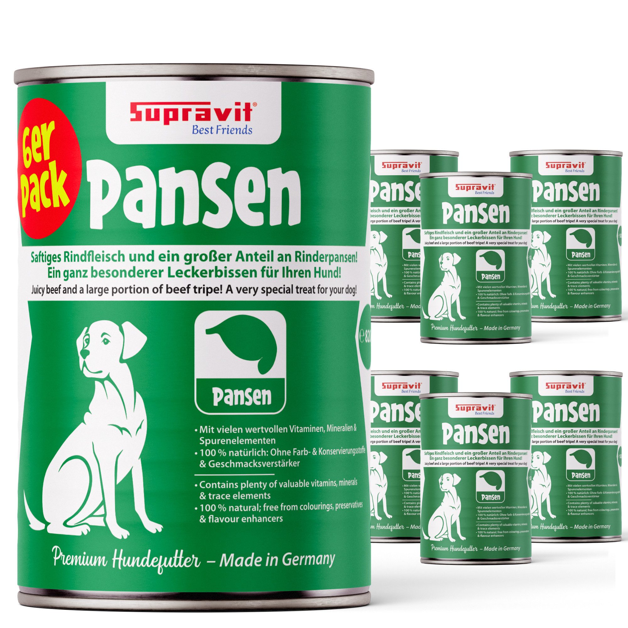 Supravit Nassfutter für Hunde 6 x 820g Dosen - Schmackhaftes Hundefutter nass Pansen, Nassfutter für: Hund