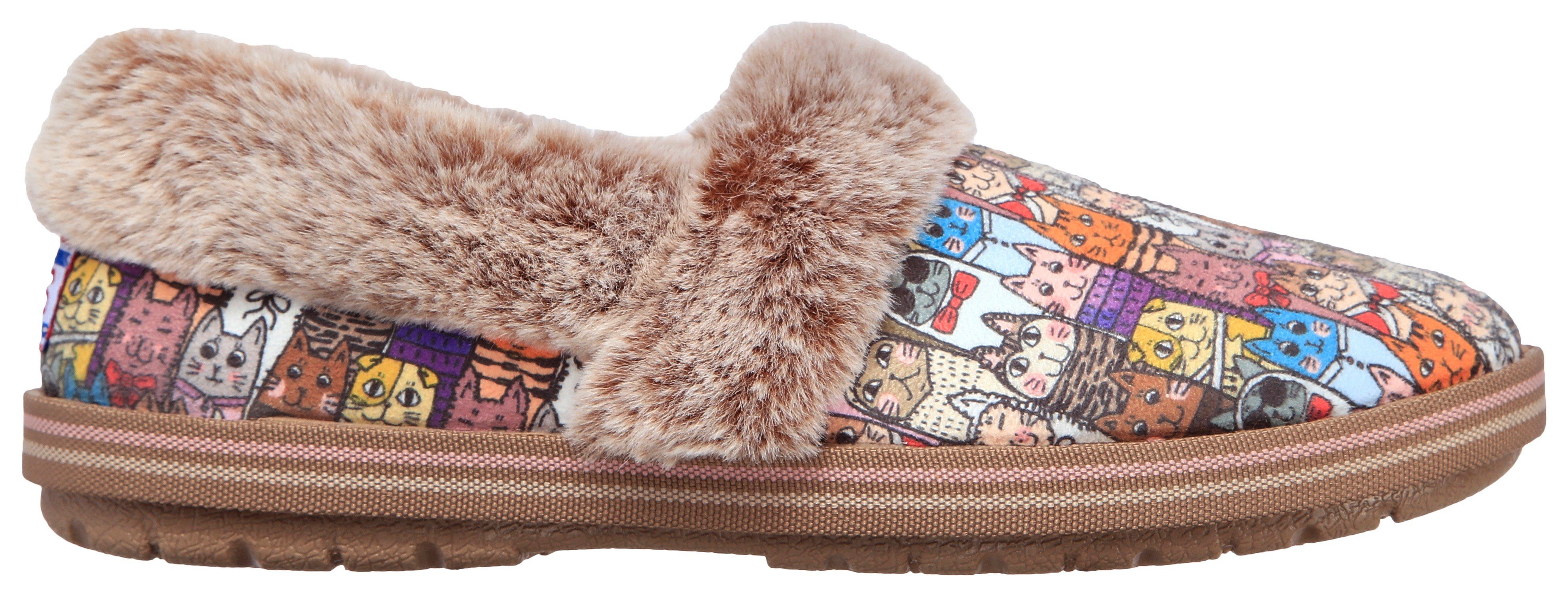 Skechers TOO COZY CHIC CAT Pantoffel Hausschuh mit witzigem Katzenprint