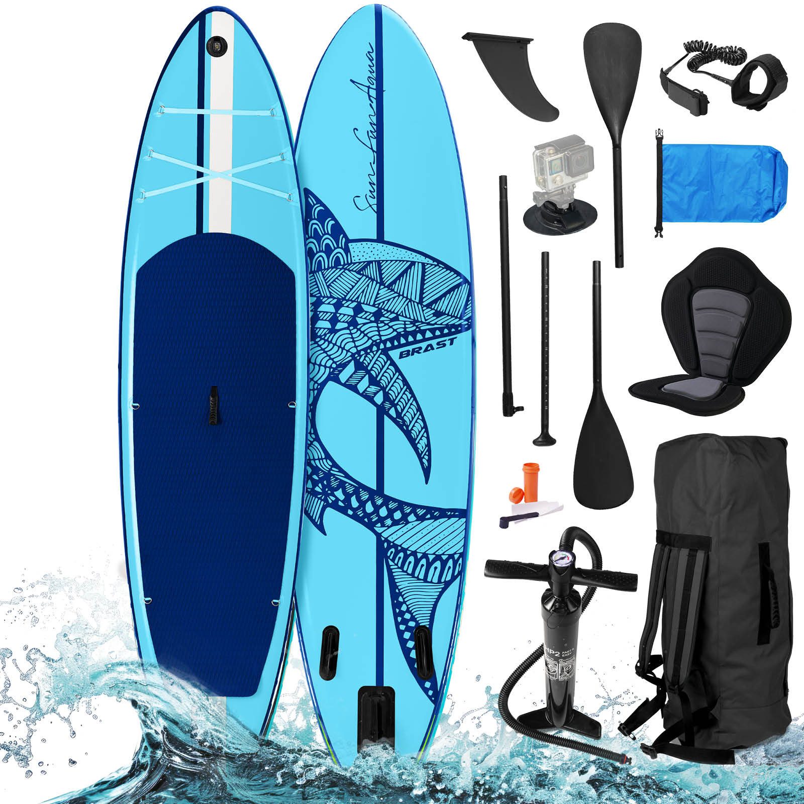 SUP-Board Shark, Aufblasbares Stand up Paddle Set, 320x81x15cm, 8 Designs