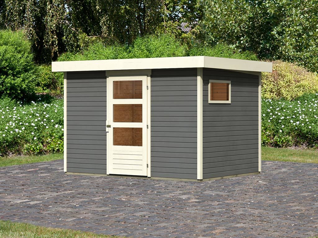 Karibu Gartenhaus Gartenhaus Bielefeld 2 19 mm terragrau, BxT: 330x238 cm, 19 mm Wandstärke, Einzeltür mit Kunstglas-Einsätzen