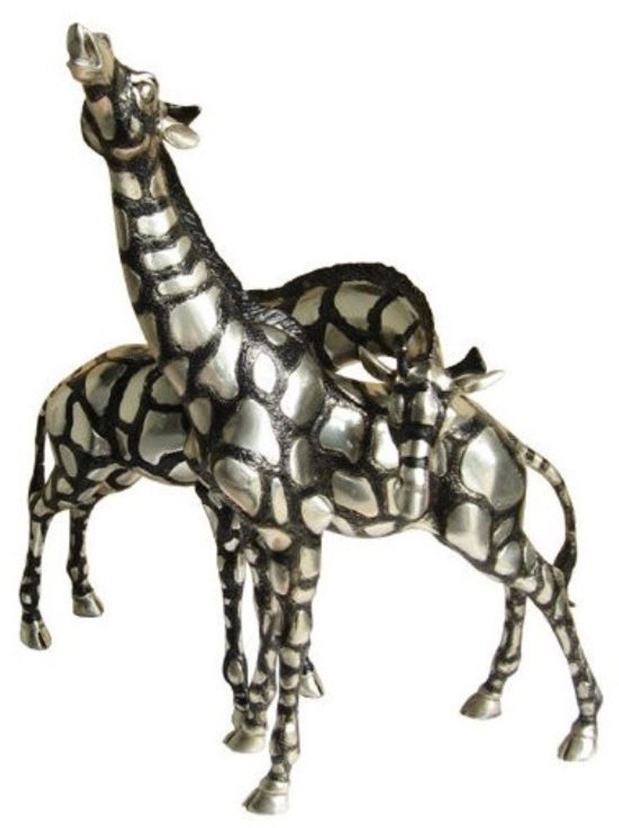 Casa Padrino Dekofigur Giraffen Bronzefiguren Set Silber / Schwarz 40 x 9 x H. 52 cm - Luxus Qualität