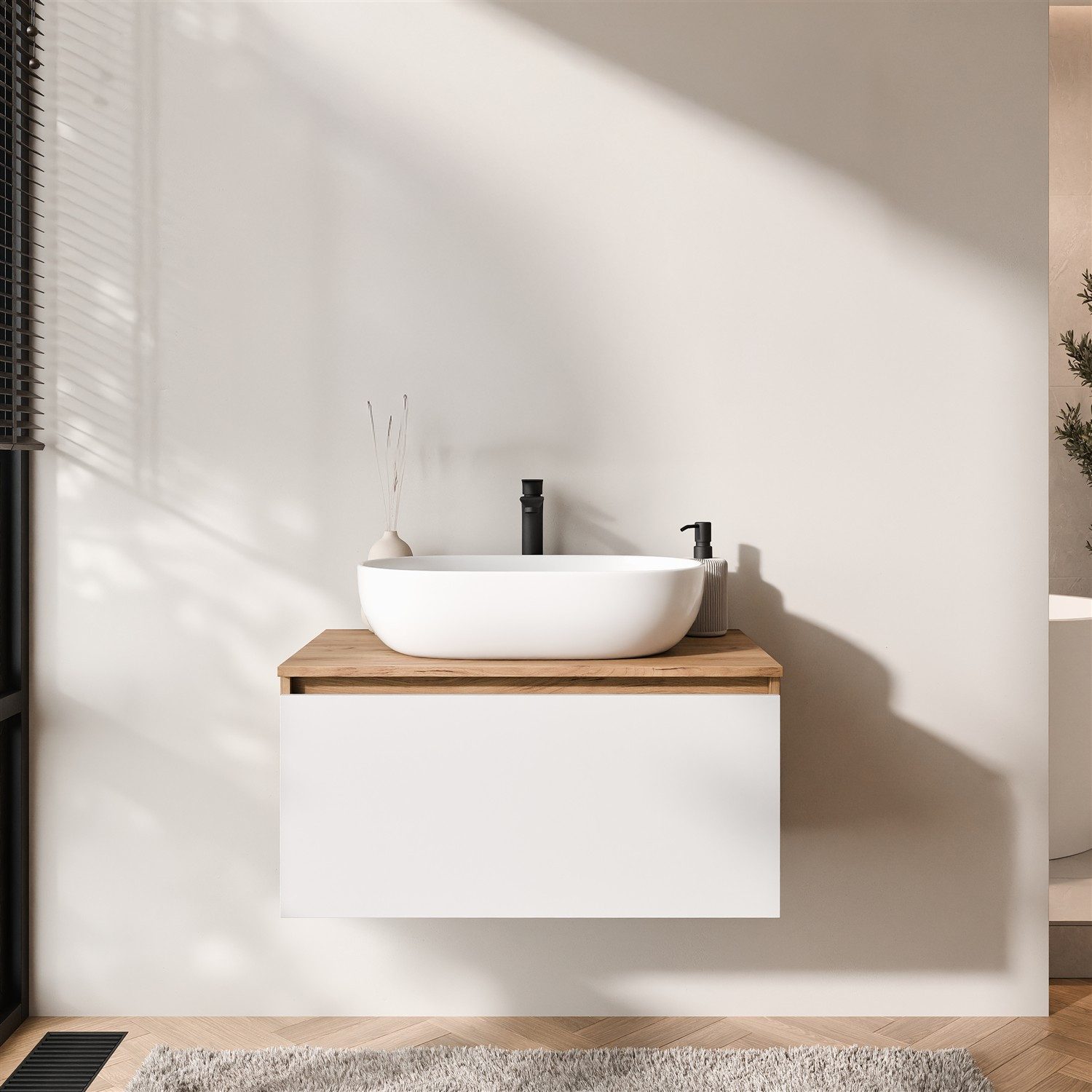 Planetmöbel Waschtisch-Set Arisa 2 teilig, Waschtisch mit Unterschrank 80 cm, Waschbecken 60 cm, (Waschtischunterschrank hängend für Gäste WC & Bad, weiß, 2-St., Badmöbel Set mit Waschbecken 60 cm weiß), Schublade mit Soft-Close Funktion