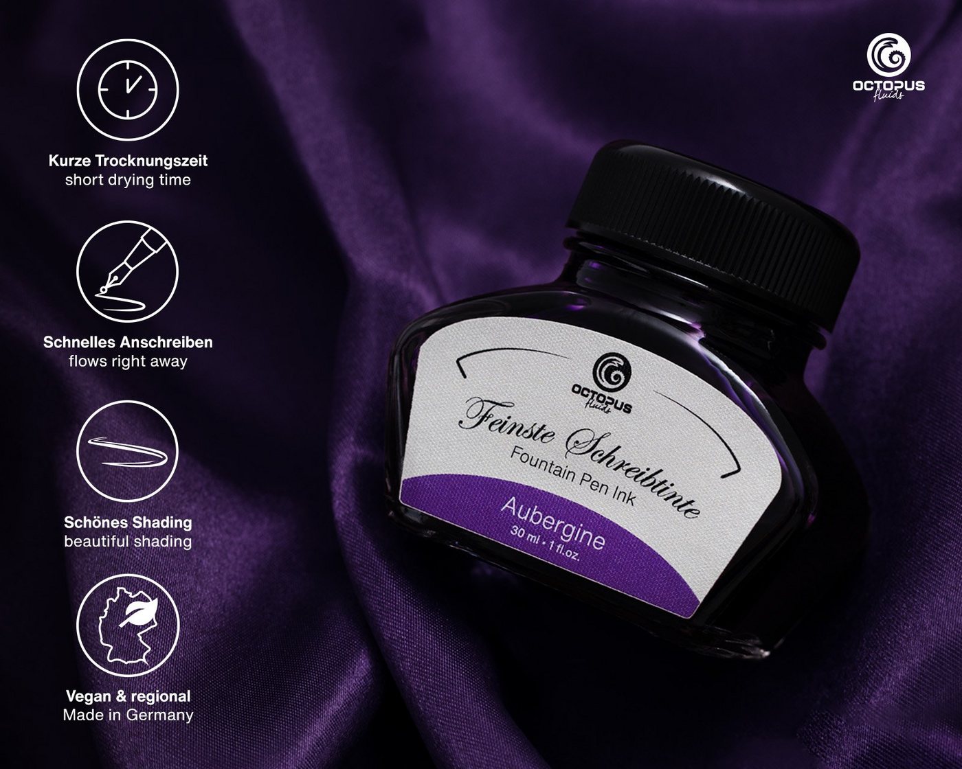 Thumbnail - OCTOPUS Fluids Füllhaltertinte, Schreibtinte Aubergine 30ml mit Konverter Tintenglas (Set, 0-tlg)