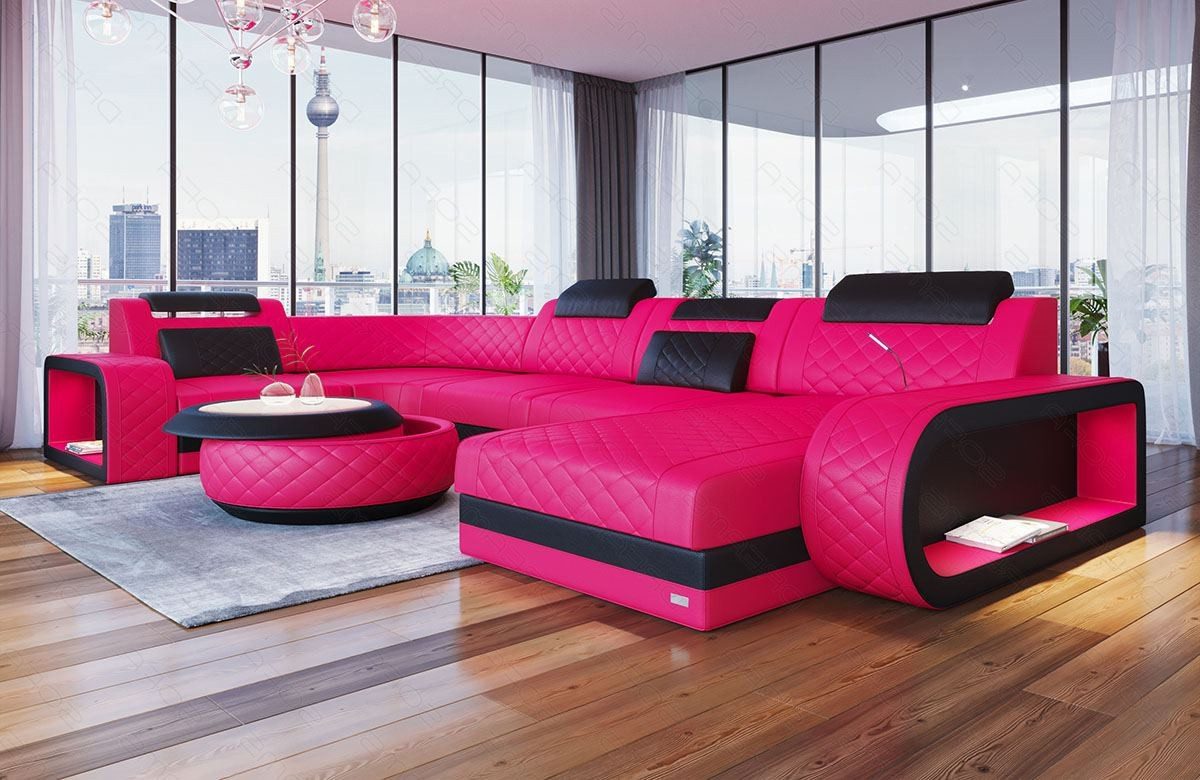 Sofa Dreams Wohnlandschaft Berlin U Form Mini Leder, Designersof, 6-Sitzer, LED-Beleuchtung, Couch, Kopfstützen, USB-Anschluss, Ottomane